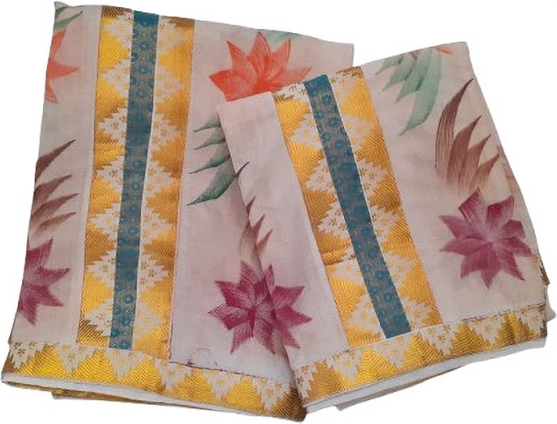 Creative weaves Women's Striped with Fancy Lace & Floral design Hand Painted Setmundu Chevron/Zig Zag, Floral Print, Polka Print, Self Design Women Dhoti-image-30