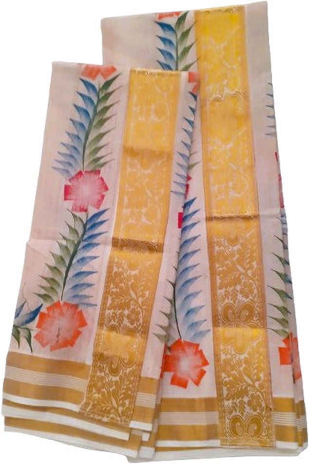 Fashionkiosks Women's Kasavu Set Mundu 2x2.5mts with Gold Lace and Floral Hand Paint Solid, Woven, Striped, Floral Print Women Dhoti-image-38