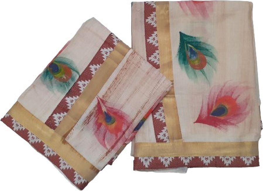 Creative weaves Women's small tower lace & Peacock Feather Design Hand Painted Setmundu Chevron/Zig Zag, Self Design, Striped Women Dhoti-image-30