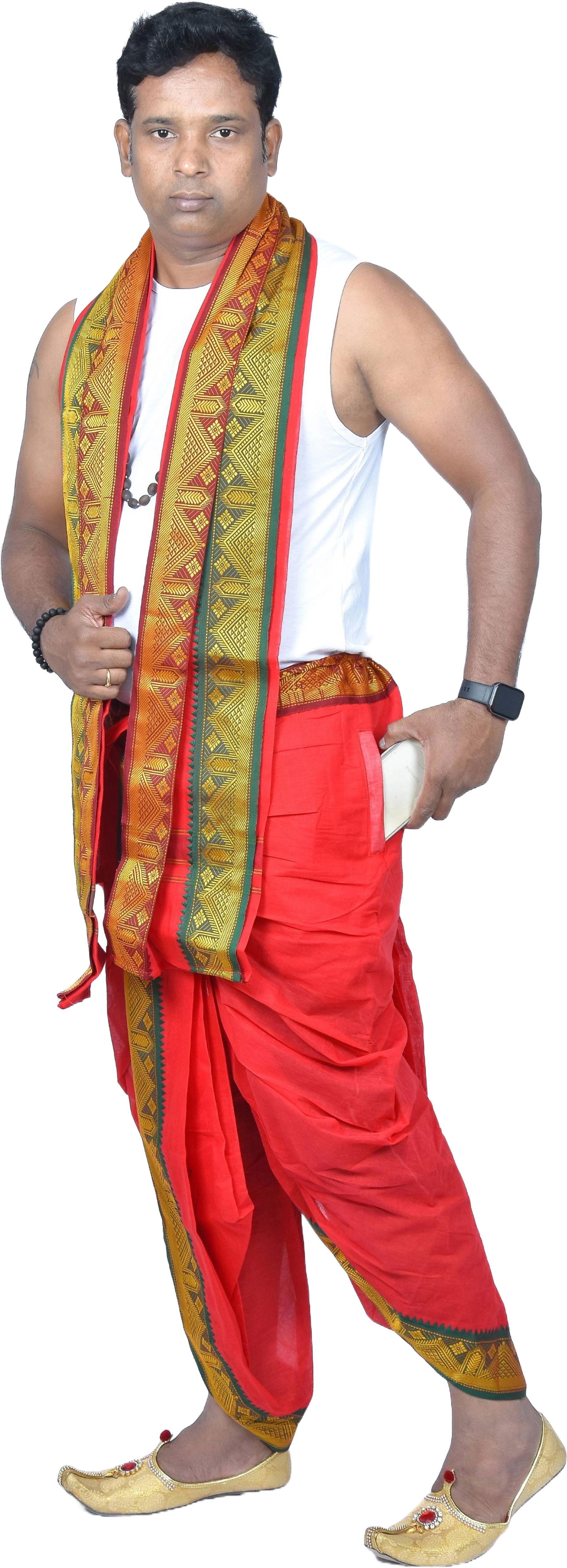 TUNI MANI SPL Readymade Dhoti Pant With Angavastram Set and Side Pocket Solid Men Dhoti-image-12