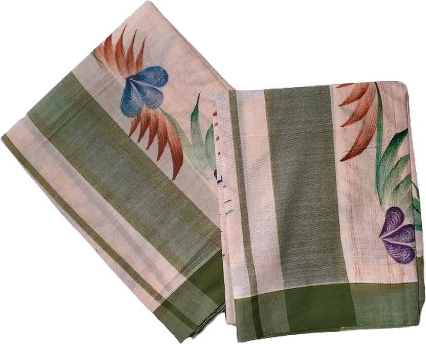 Fashionkiosks Women Set Mundu in Kerala Cotton with woven border and floral Hand Paint Woven, Solid, Floral Print Women Dhoti-image-40