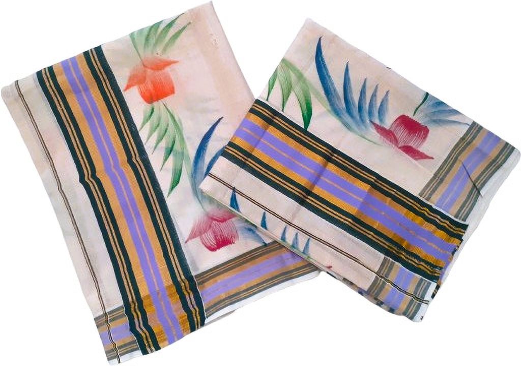 Fashionkiosks Women Set Mundu 2x2.5mts Single Woven Border with floral Hand apint all over Striped, Solid, Woven, Floral Print Women Dhoti-image-39