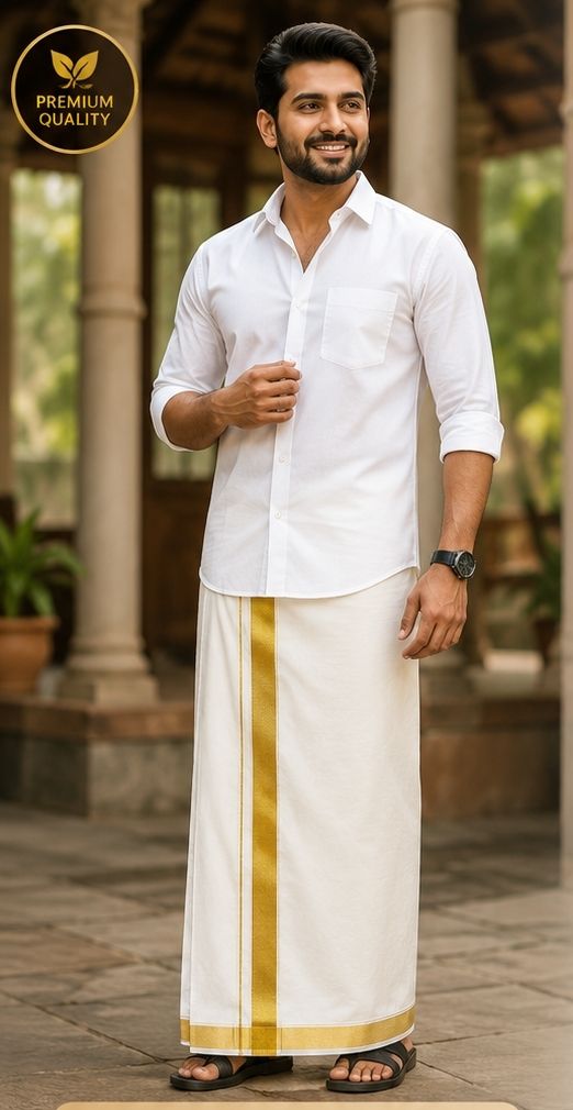 VAAGAIFABRICS Classic Gold Border 4M Solid Men Dhoti-picture-13