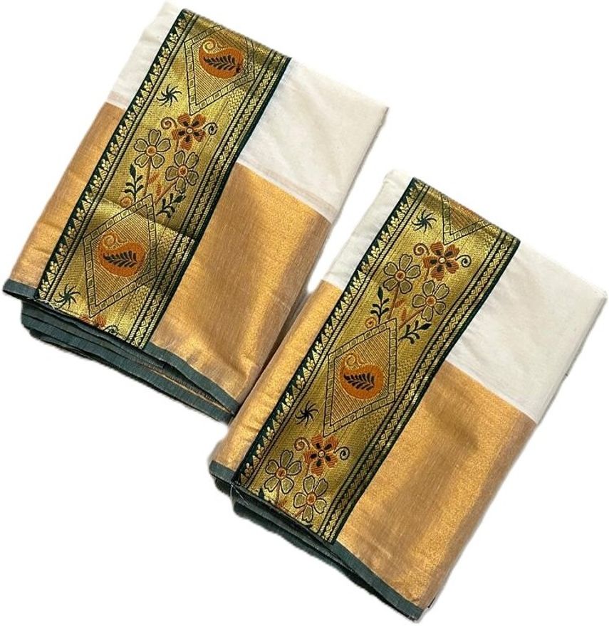 Darps Women's Stitched Kerala Set Mundu with Designer Jacquard Floral Lace Border Embellished, Floral Print, Self Design Women Dhoti-picture-13