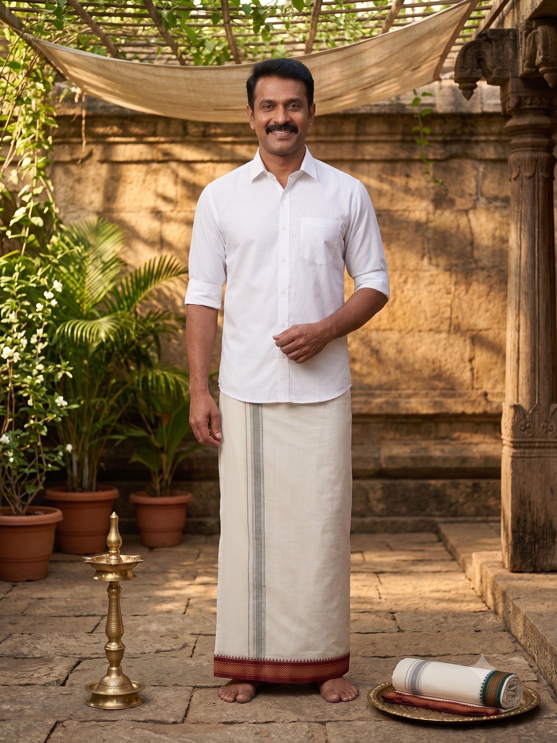 BANARASI POSHAK Pure Cotton Lungi for Men | White Veshti with Gold Border Self Design Men Dhoti-picture-43