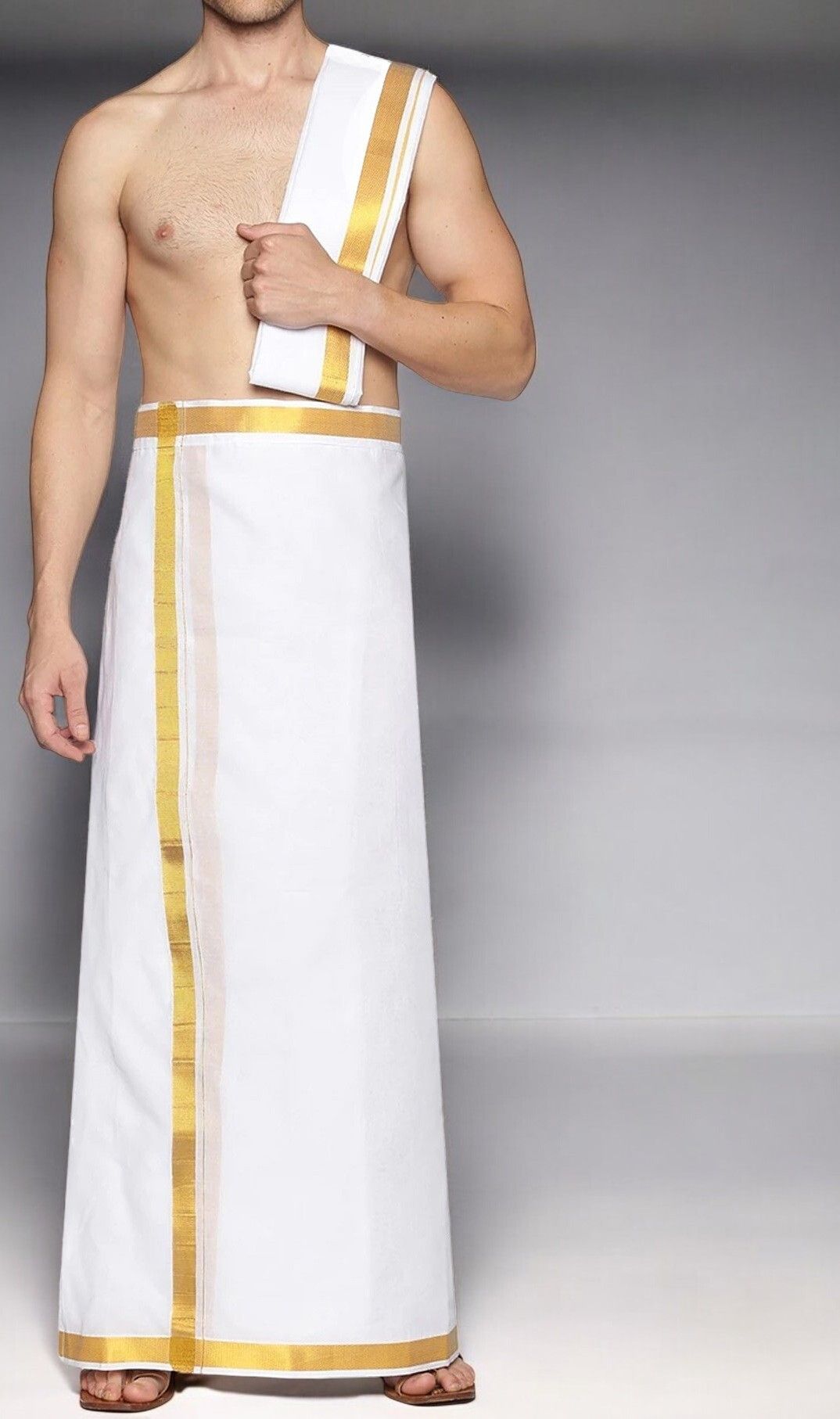 TUNI MANI Gold Jari Border Pocket Vesti with Jari Towel Solid Men Dhoti-image-25