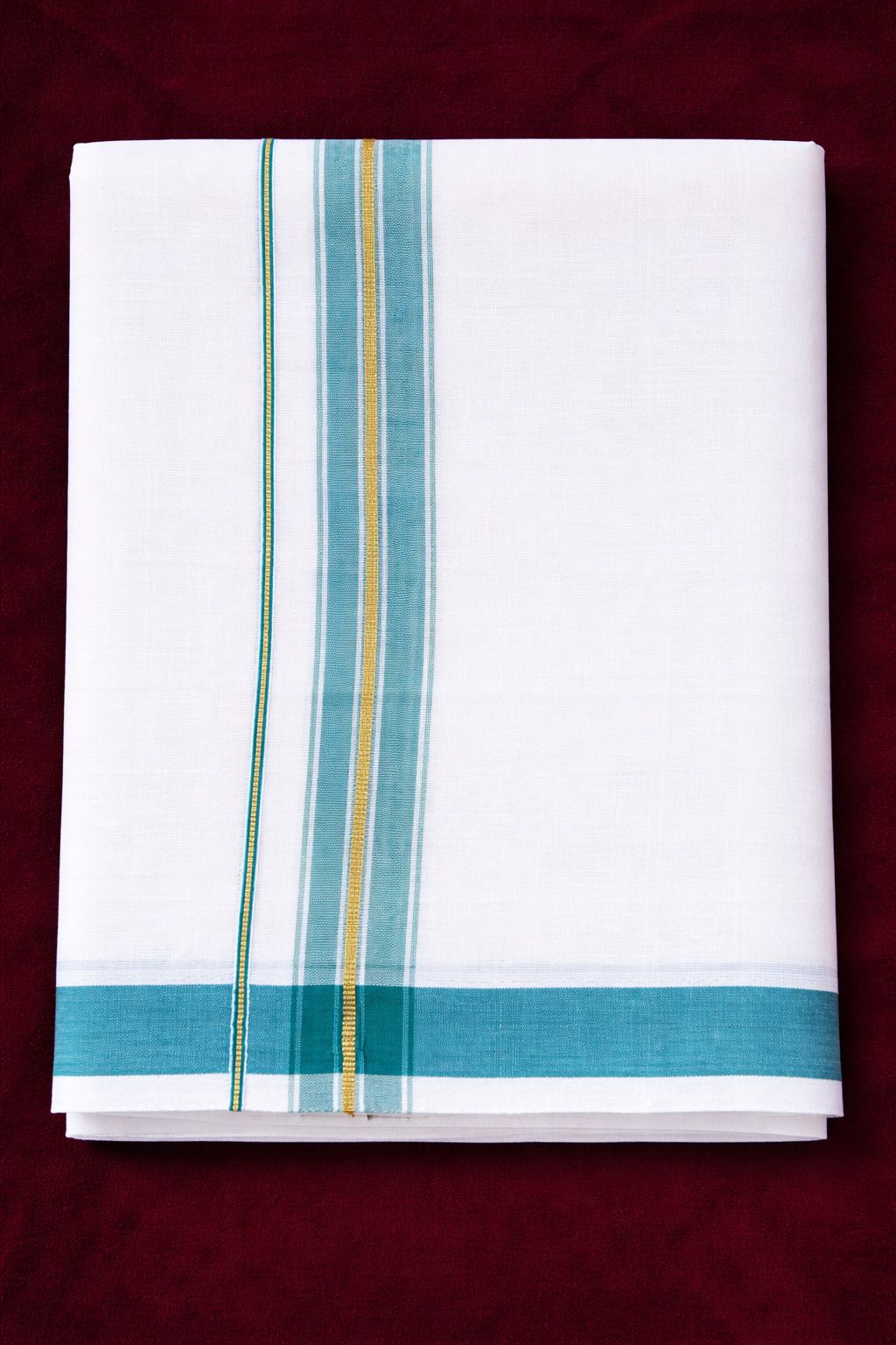 Empire Cotton Half White Kasavu Dhoti: Sea Green Border (4 Meter Double Dhoti) Solid Men Dhoti-picture-17