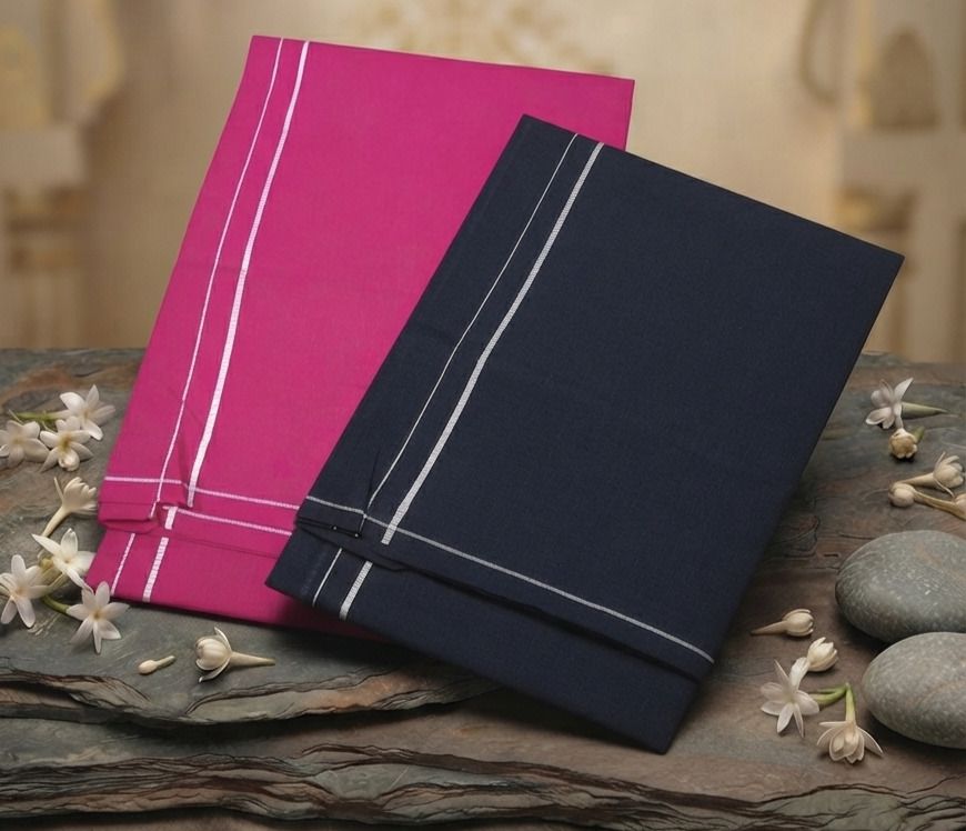 Shri Raghavendra Textiles Premium Navy & Pink Cotton Kambi Karai Dhoti Set – Festive Men's Traditional Self Design Men Dhoti-image-34