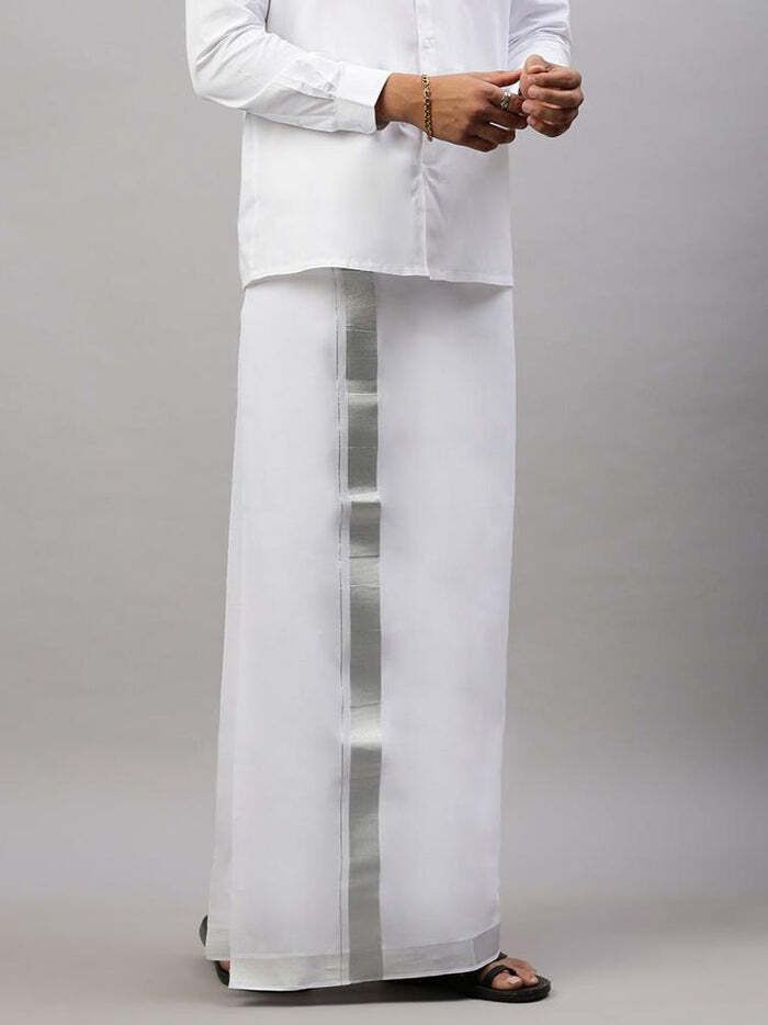 NANMAYA Men Cotton Double Layer White Dhoti Mundu with 1" Silver Jari Border 4.00 Mtrs Solid Women Dhoti-picture-10
