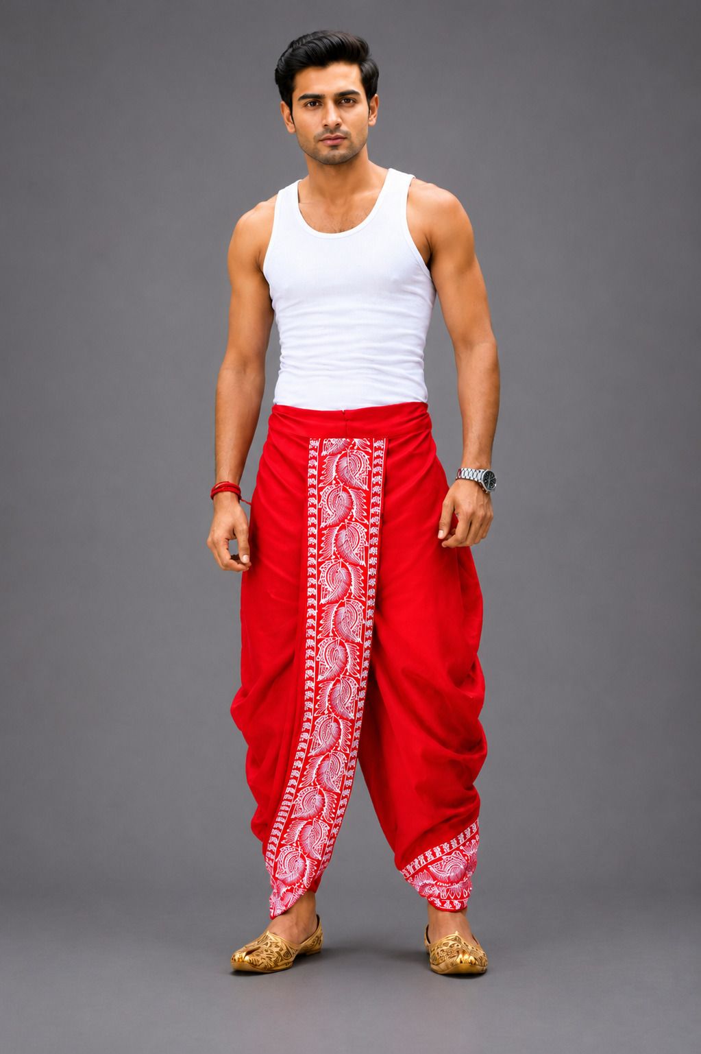 Chandra Men's Dupion Silk Embroidered Dhoti Pant Free Size Tie-Up Festive Wear Embroidered Men Dhoti-image-2