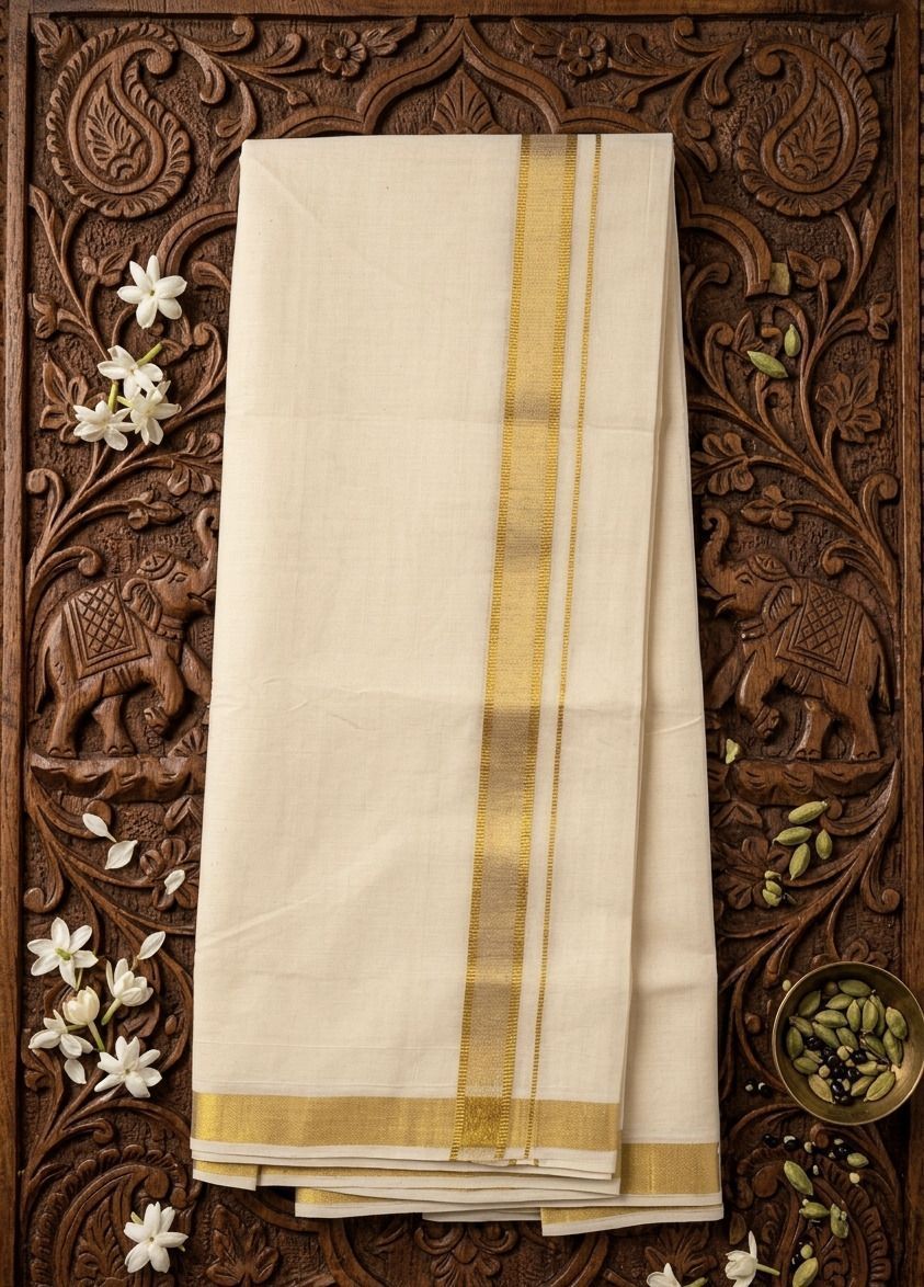 NANMAYA Men Cotton Double Layer Cream Dhoti with 1" Gold Jari Border Golden Mark Solid Women Dhoti-picture-34