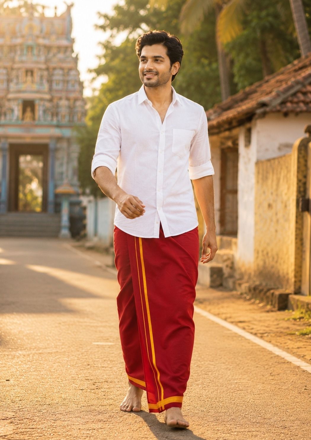 SARATHI CLOTHINGS Premium Maroon Cotton Dhoti Gold Zari Border Ethnic Wear for Men | KHADI BHAVAN Solid Men Dhoti-image-30