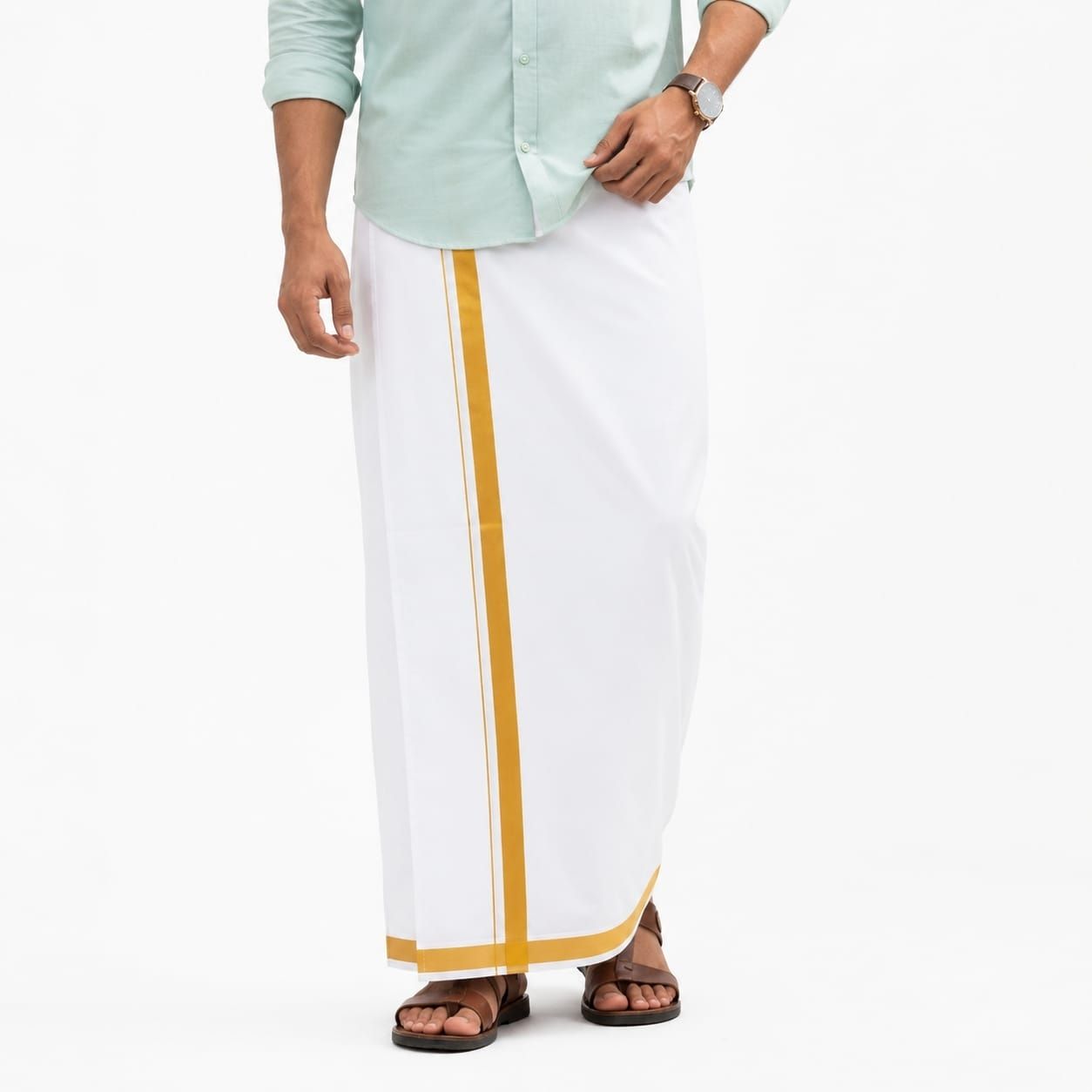 GLOBEADO Globeado Handwoven Single Cotton Golden Zari Dhoti for Men Solid Men Dhoti-image-2