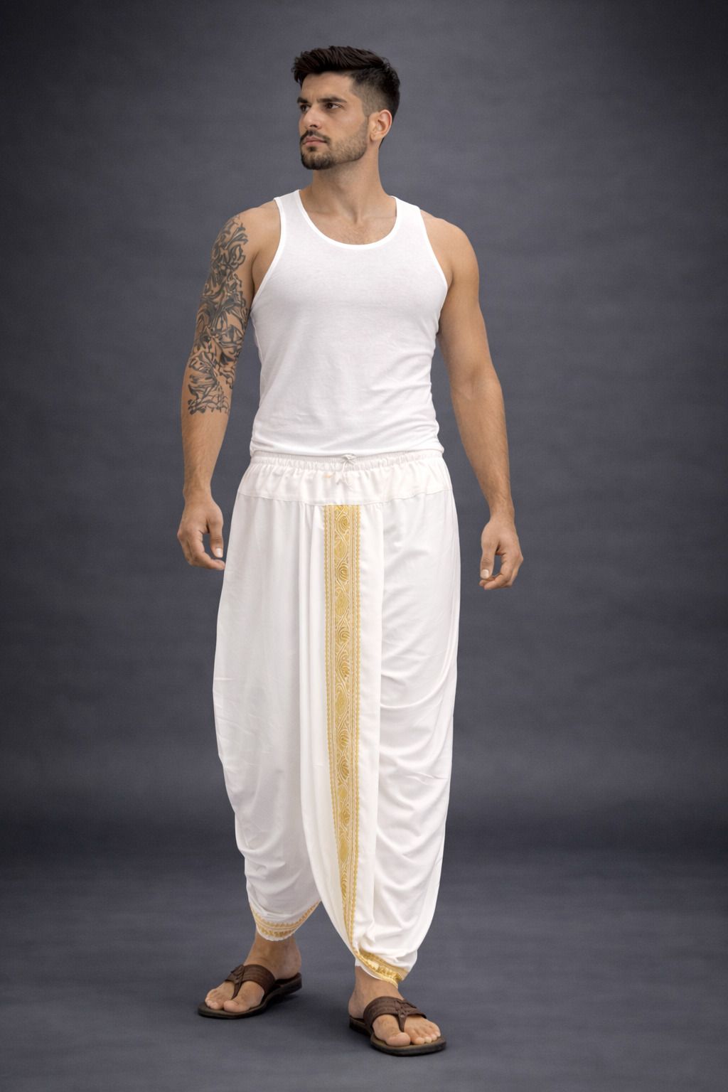 AKESHAVAM Men's Art Silk Readymade Raedu to Wear Dhoti with Wide Golden Zari Border Self Design Men Dhoti-picture-19