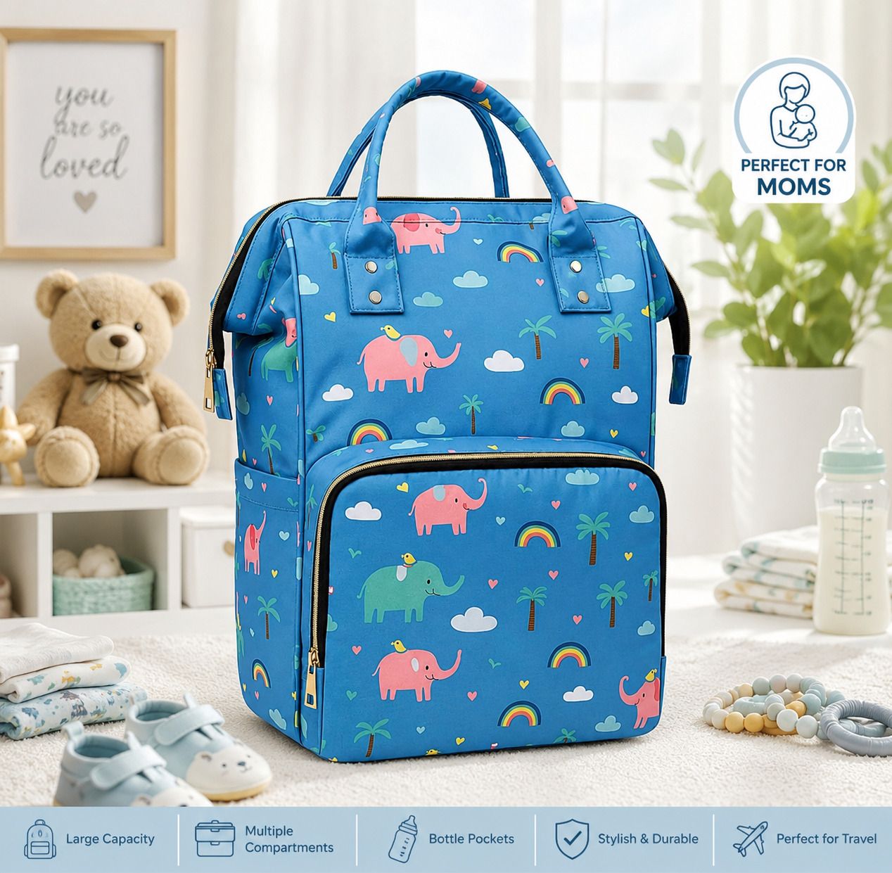 Baby Diaper Backpack Waterproof Large Capacity Maternity Bag Elephant Blue Diaper bag-image-23
