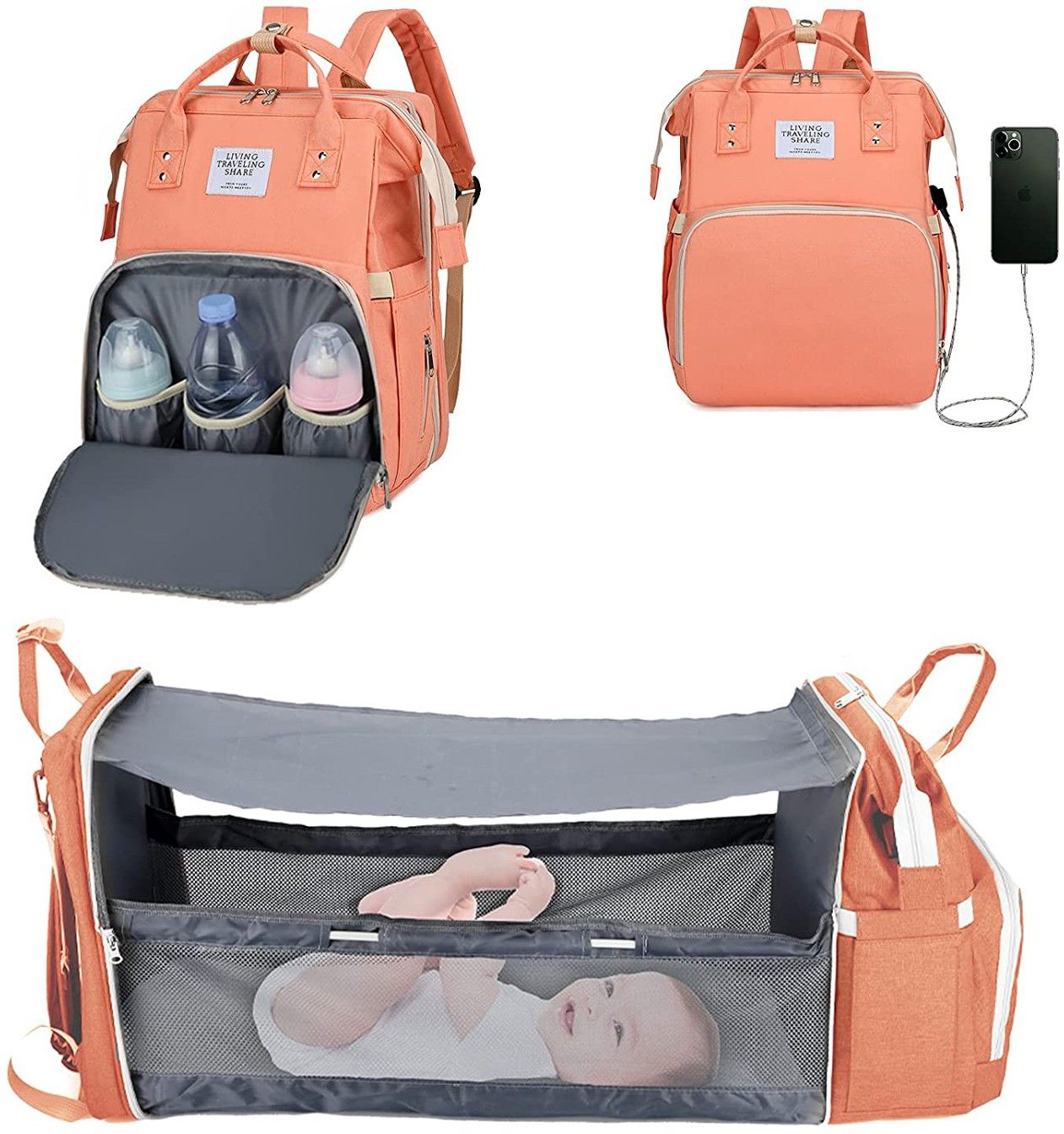 Diaper Bag/Backpack Foldable Large Capacity, Waterproof-Black Diaper Bag-image-30