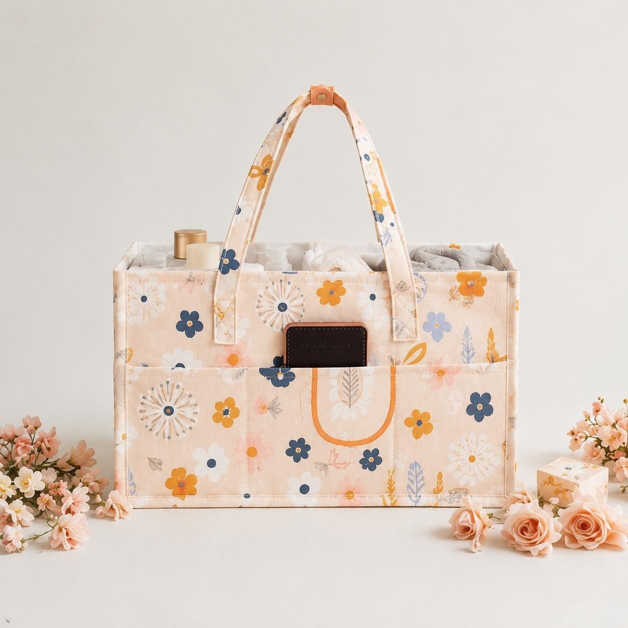 Flower Pattern Baby Nappy Caddy with Removable Dividers diaper bag-image-41