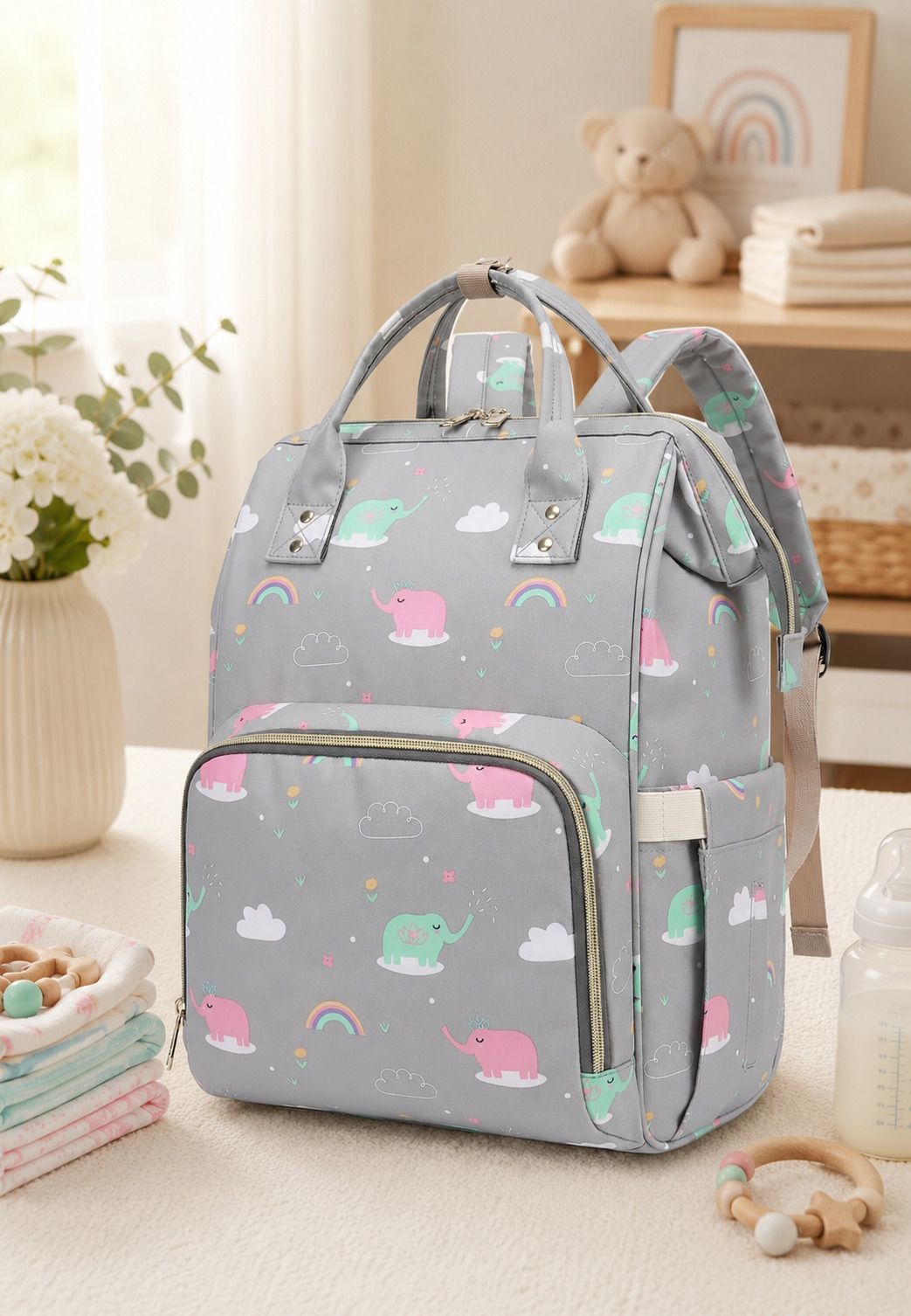 shinestore Baby Diaper Backpack | Grey Elephant Print Diaper bag-picture-35