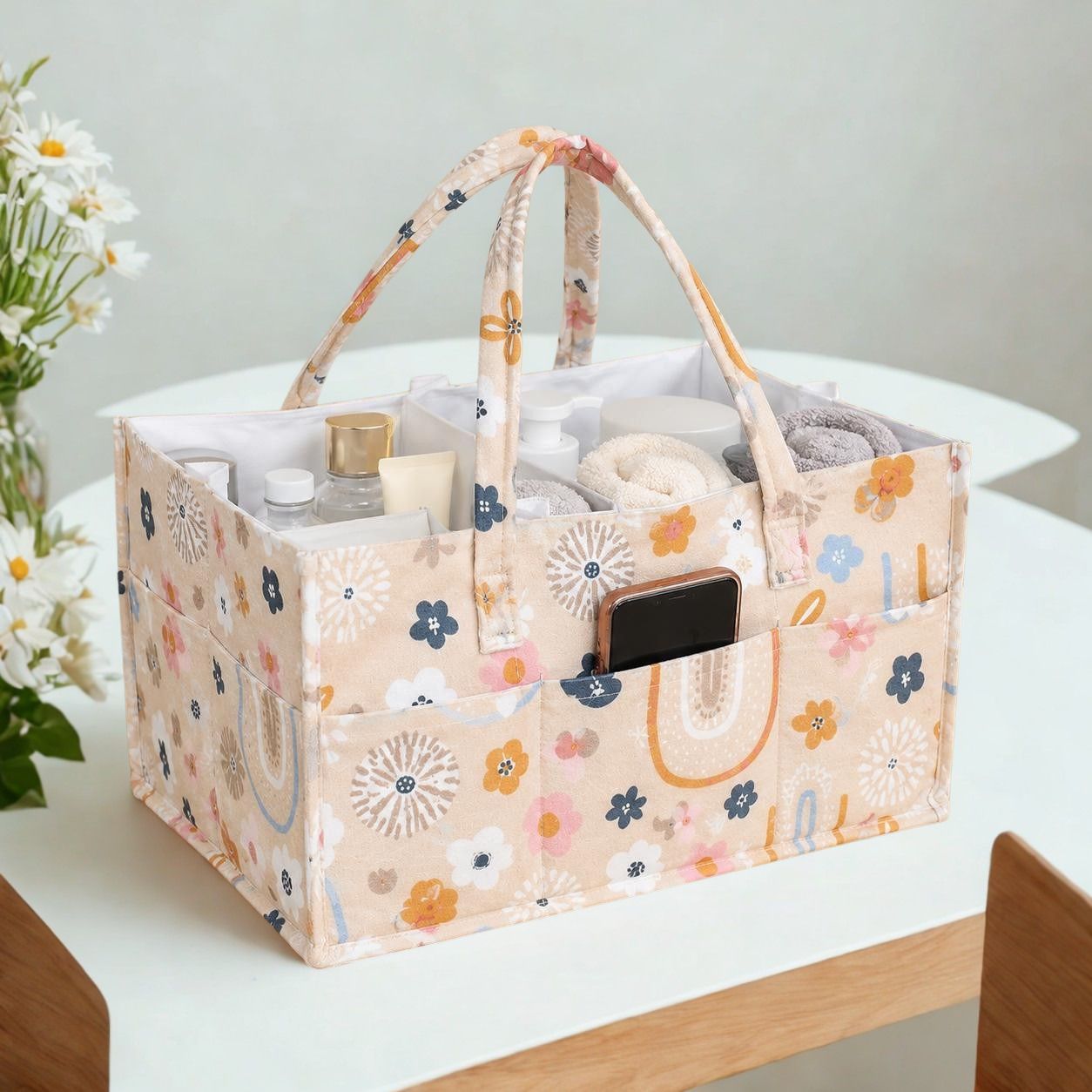 Flower Pattern Baby Nappy Caddy with Removable Dividers diaper bag-image-40