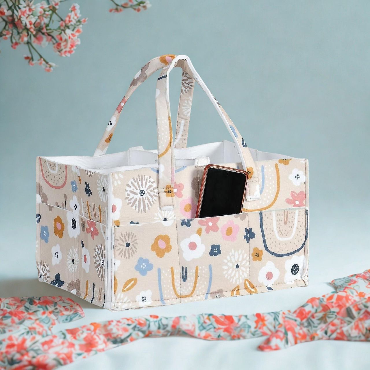 Flower Pattern Baby Nappy Caddy with Removable Dividers diaper bag-image-35