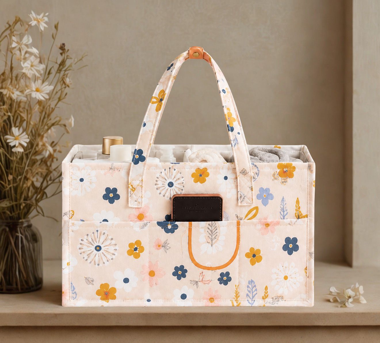Flower Pattern Baby Nappy Caddy with Removable Dividers diaper bag-image-44