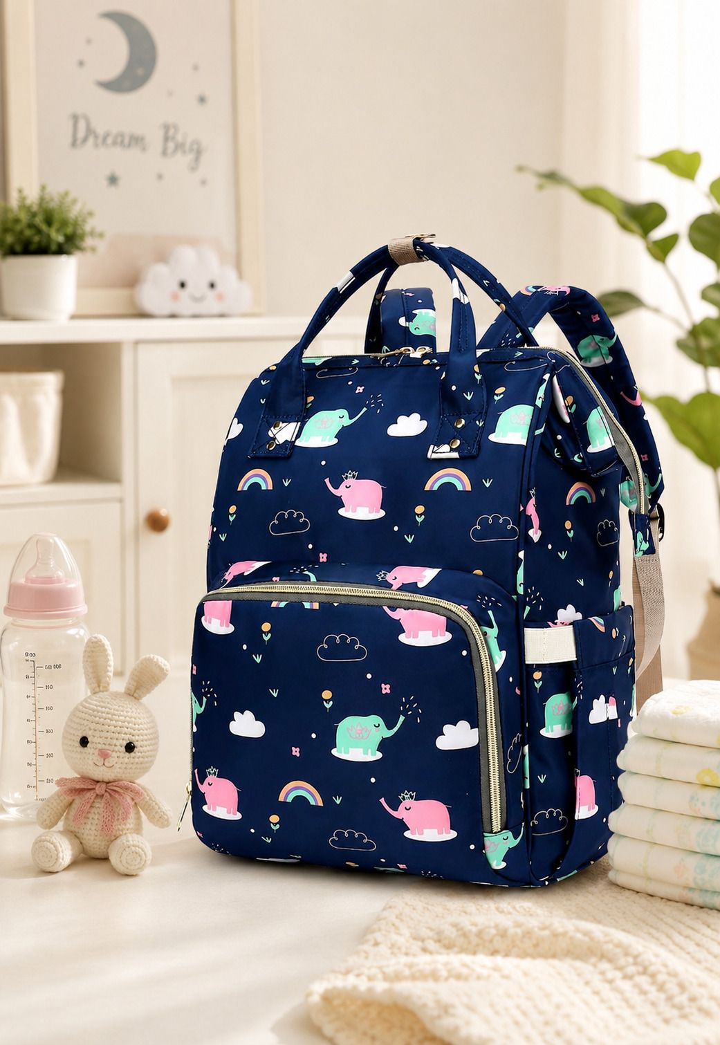 Baby Diaper Backpack Large Capacity Waterproof Maternity Bag Elephant Print Navy Diaper bag-image-7