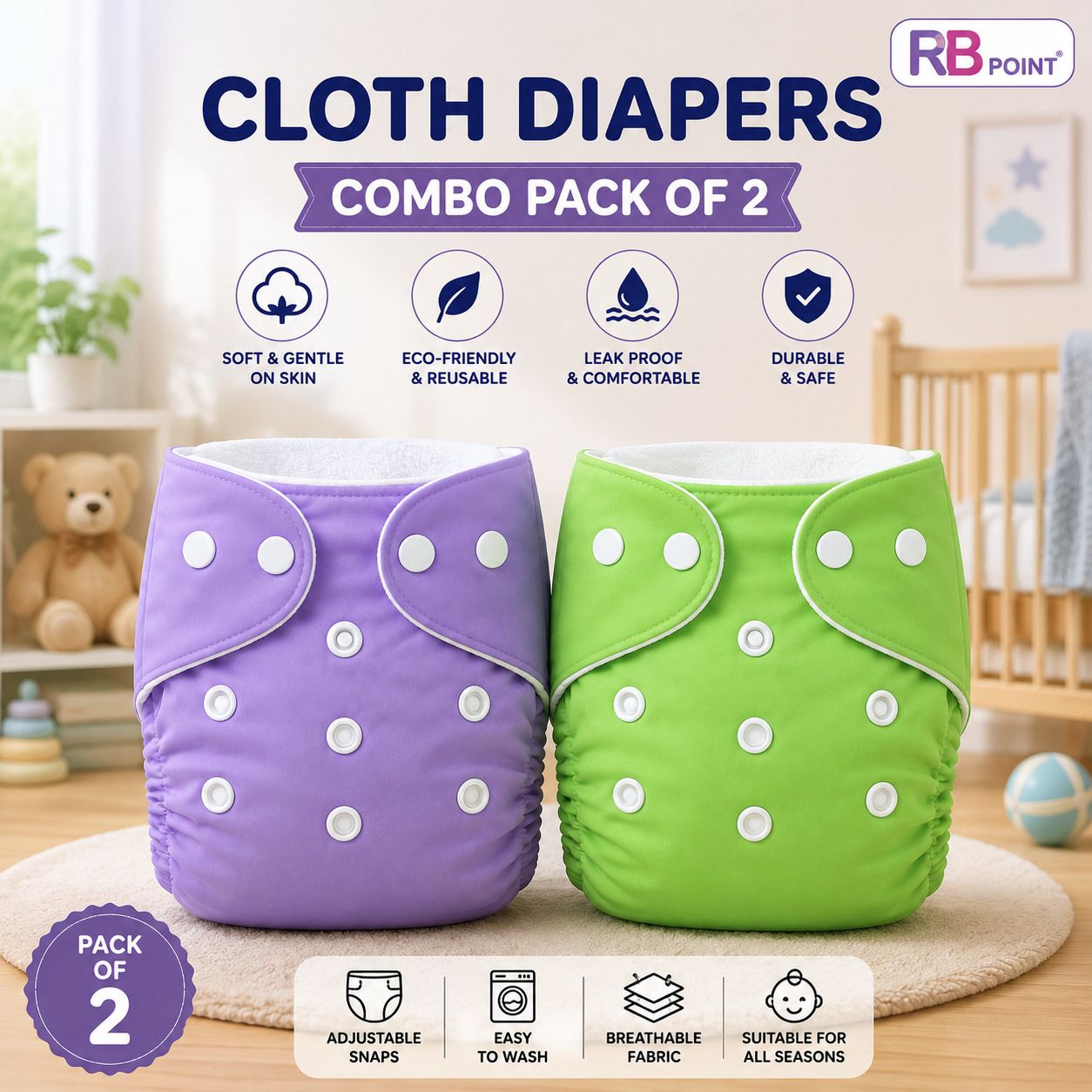 Basic Reusable Cloth Diaper Ultra Absorbent Cotton (2 diapers, 2 Inserts) Pant Diapers - XL - XXL-image-20