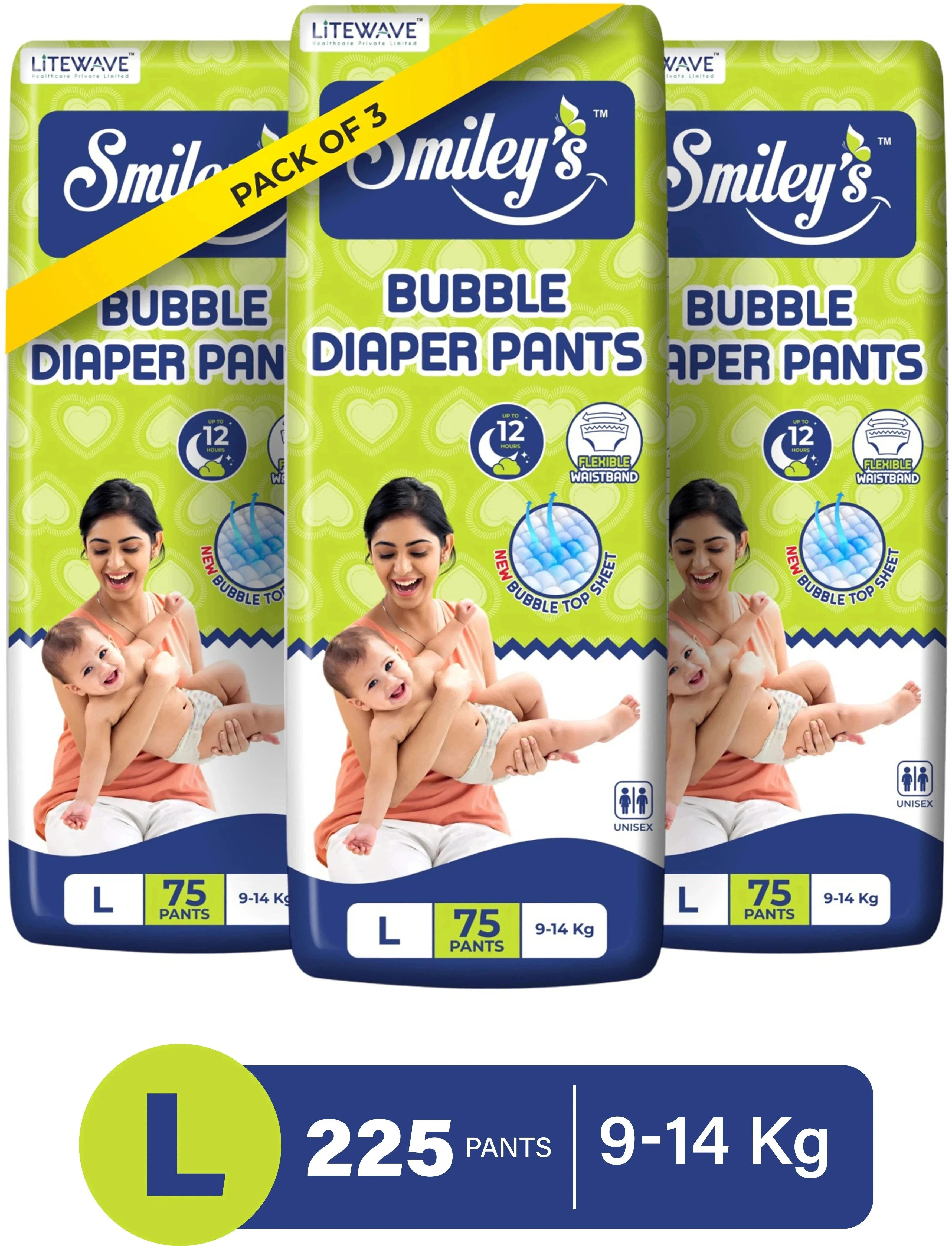 litewave Smiley's L Size Bubble Baby Diaper Pants with Flexible Waistband | 9-14 kg - L-picture-31