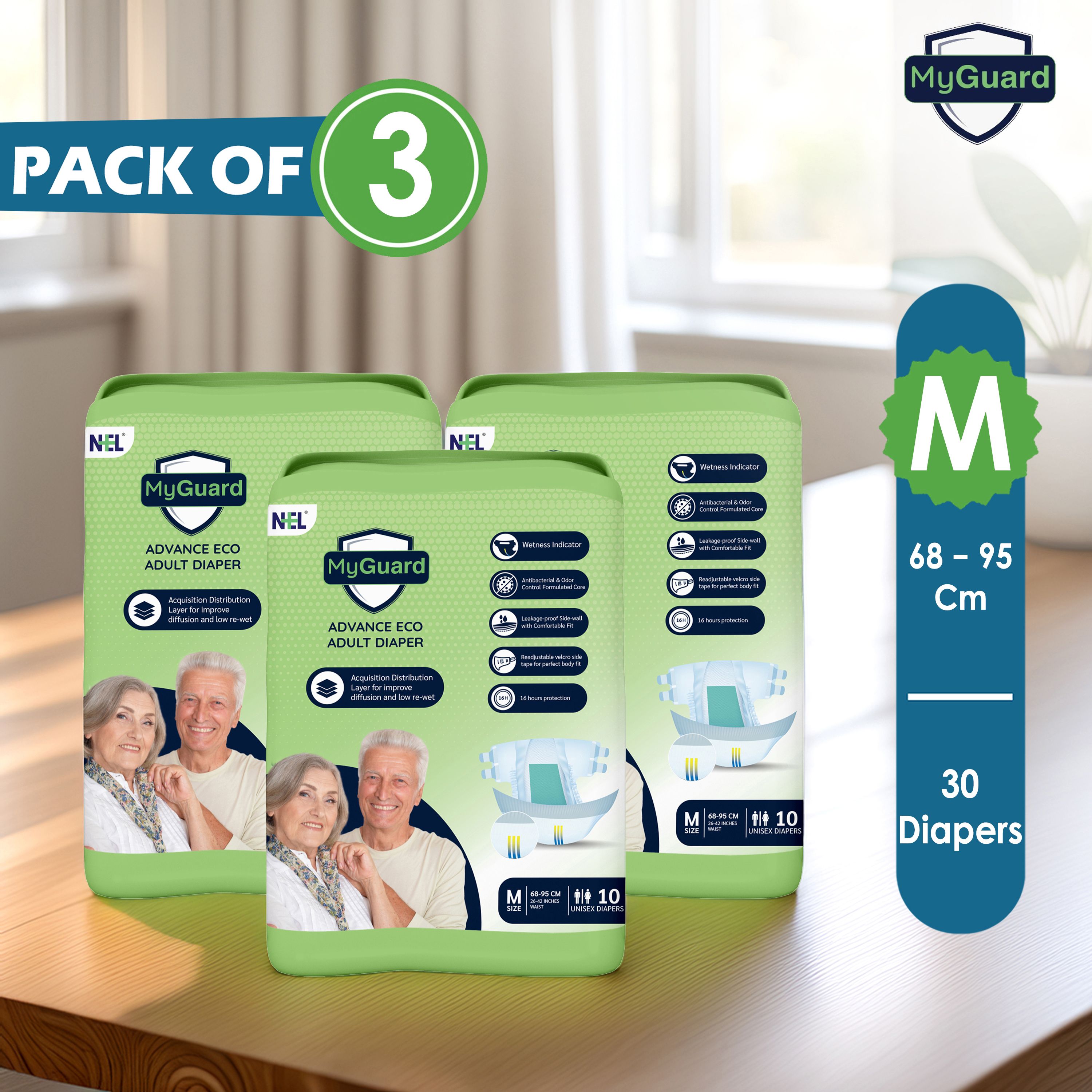 myguard Eco Adult Open Tape Diaper | Medium | Wetness Indicator | Leak Guard | Pack of 3 Adult Diapers - M-picture-11