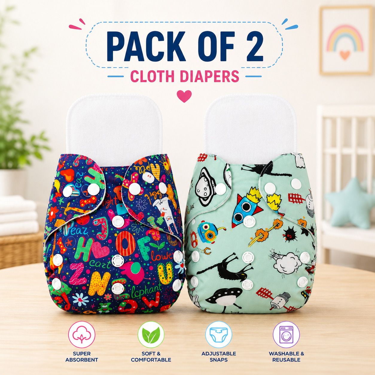 Reusable Cloth Diapers, High Absorbent, Leak-Proof (2DIAPERS, 2 INSERTS) Pant Diapers - M - L-image-24