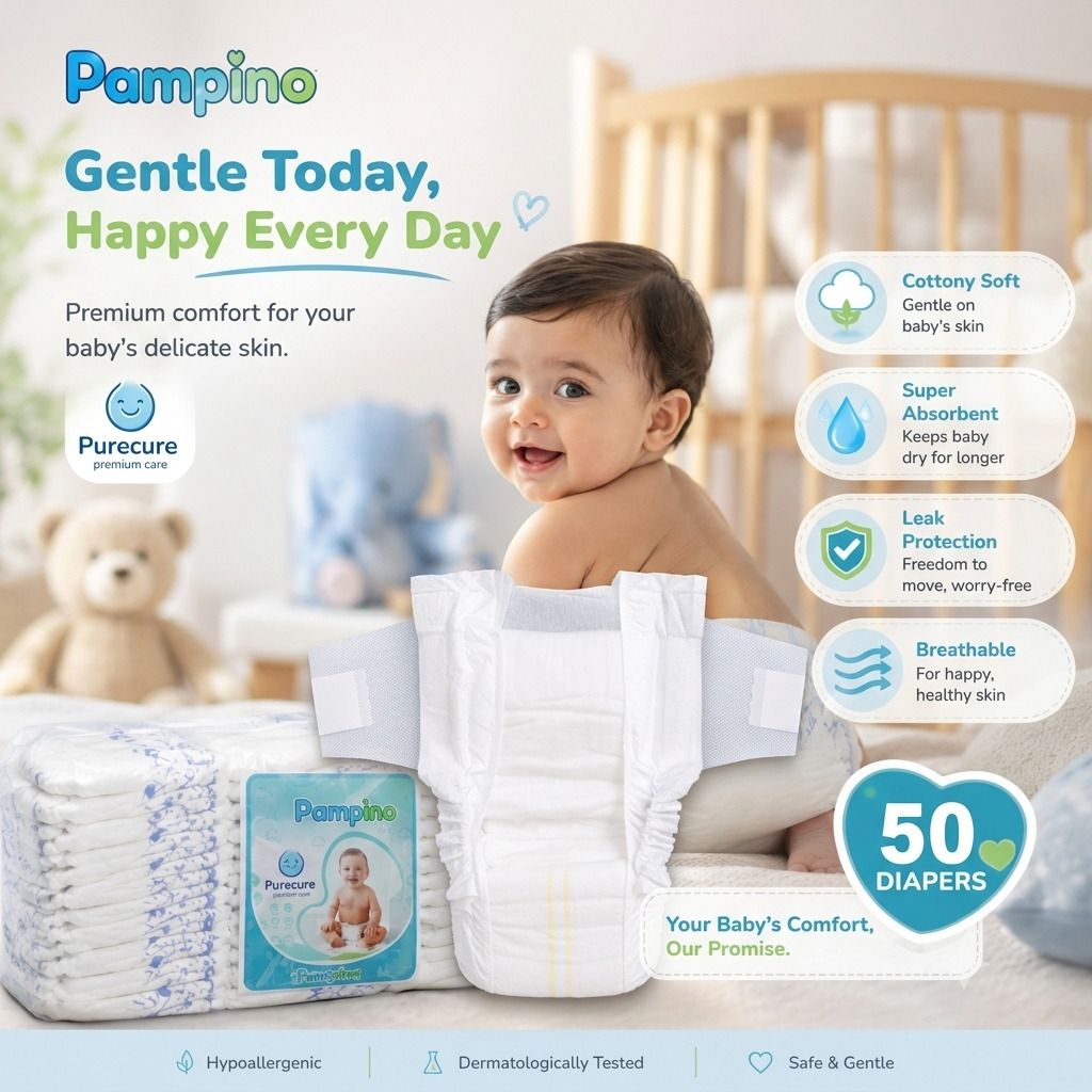 Pampino Baby Tape Diapers Pack of 50 Piece New Born Baby Size (0-3 Months) Pant Diapers - New Born-image-9