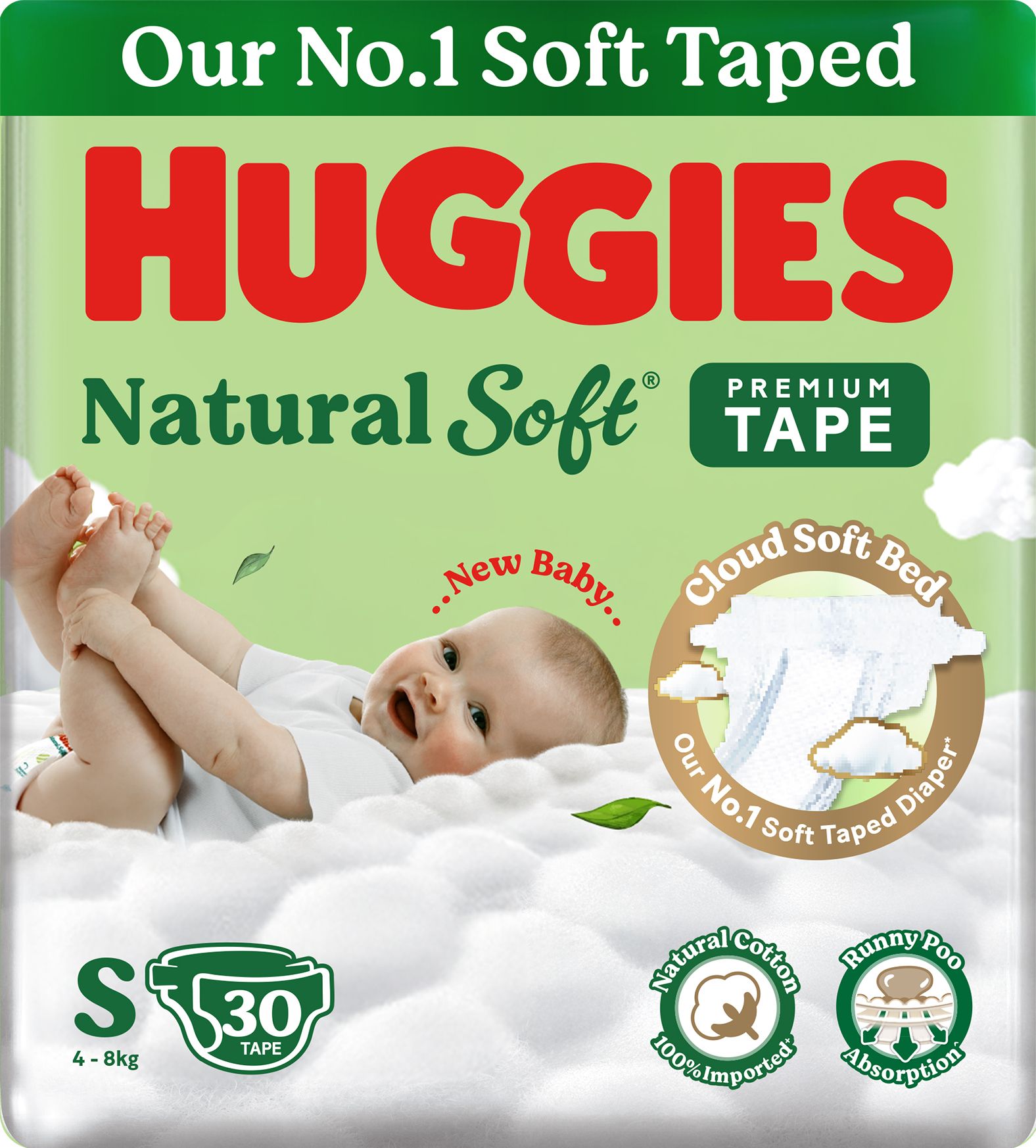 huggies Natural Soft Premium Tape Diapers Small (S) Size, 4-8 kgs, 30 Pcs - S-picture-26