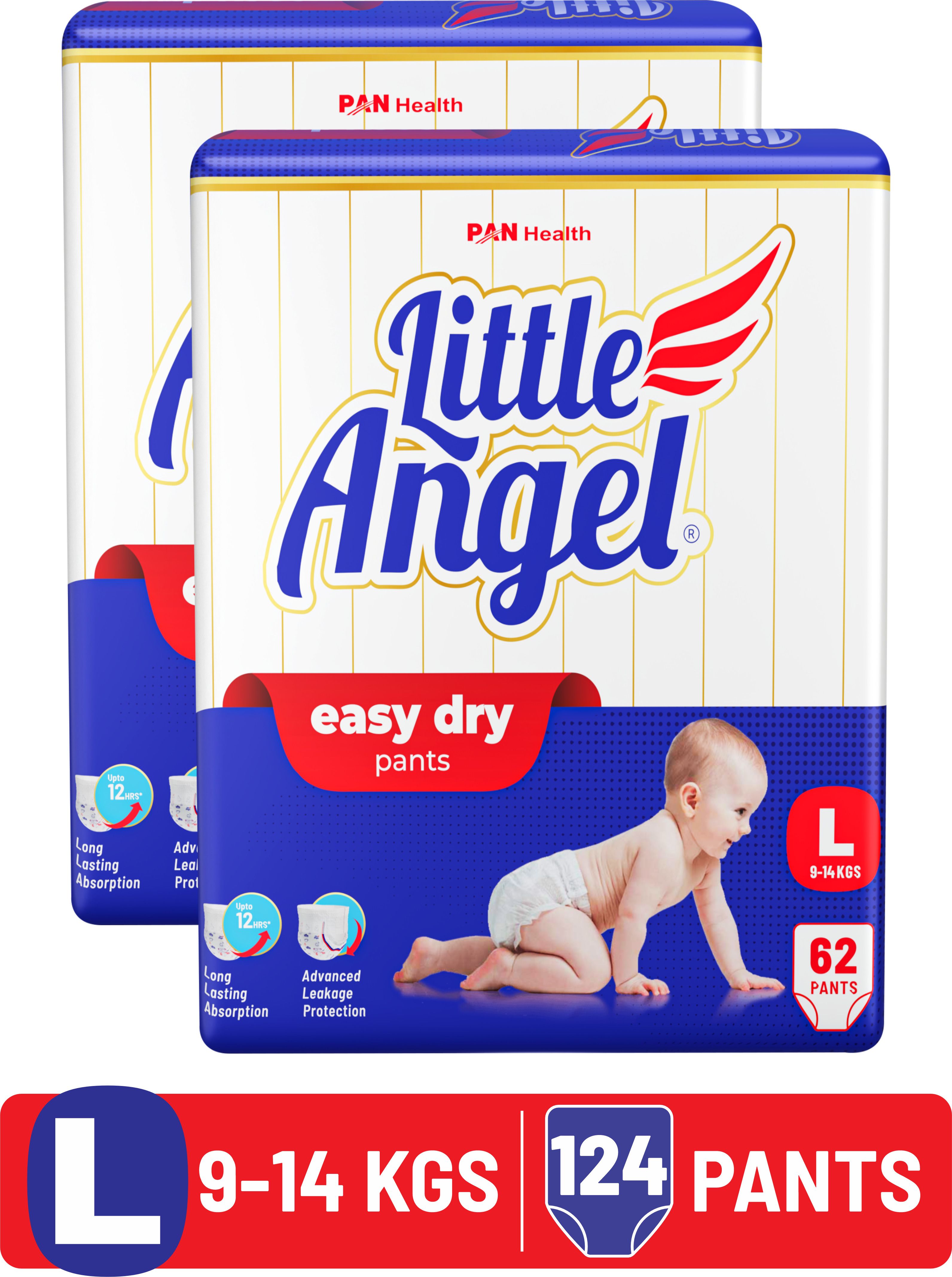Easy Dry Diaper Pants with 12 hrs absorption 62 Count/Pack,Pack of 2,9-14 Kgs - L