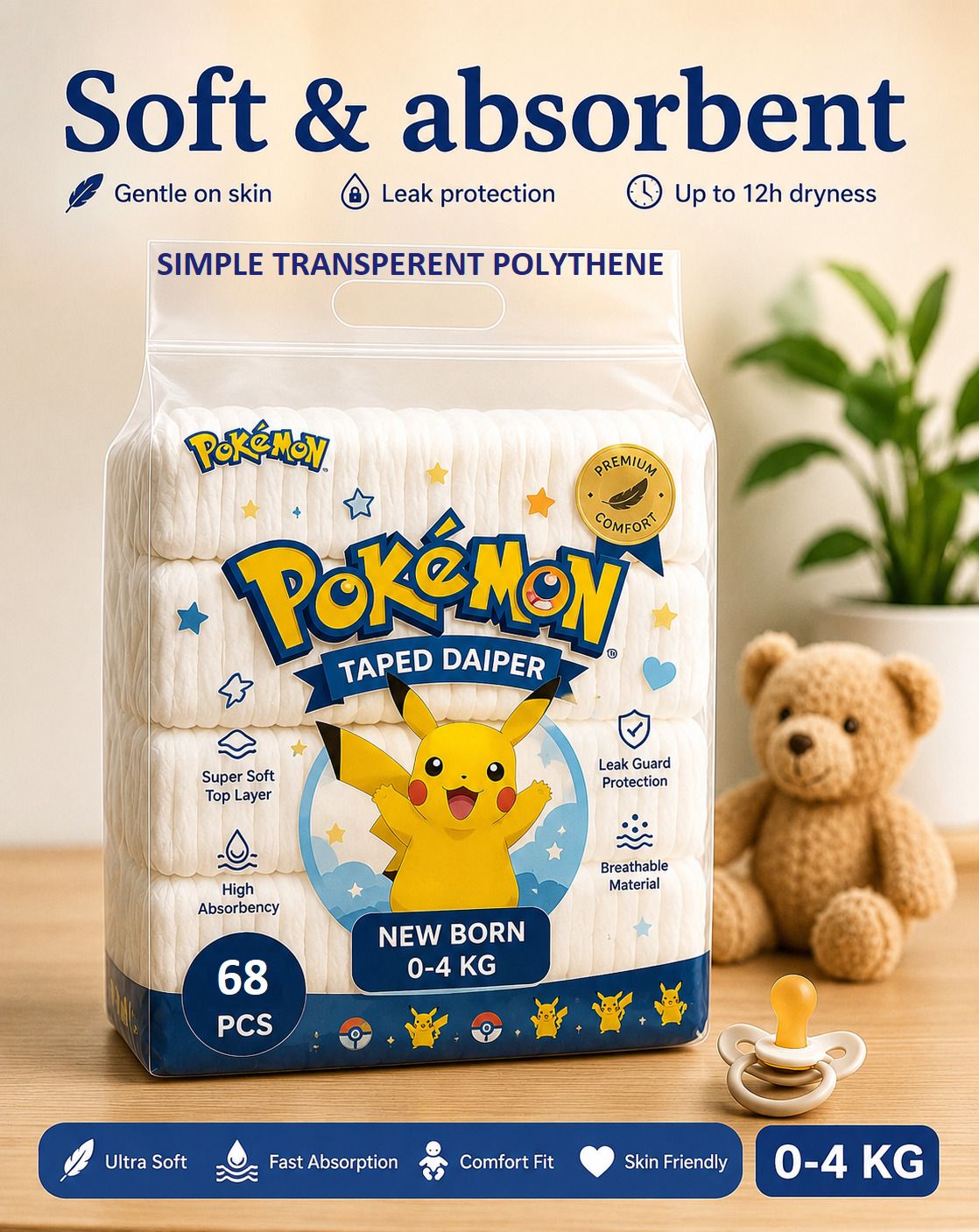 pokemon Active Baby Taped Diapers with Adjustable Fit Tape Diapers - New Born-picture-33