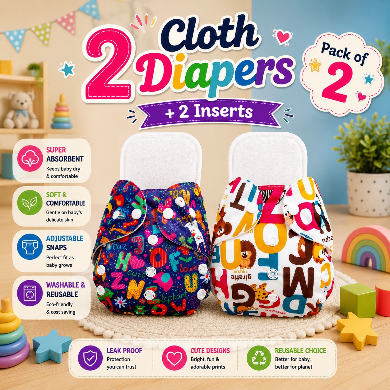 Reusable Cotton Cloth Diapers for Baby 0-3 Years(2 DIAPERS+2 INSERTS) Pant Diapers - M - L-image-45