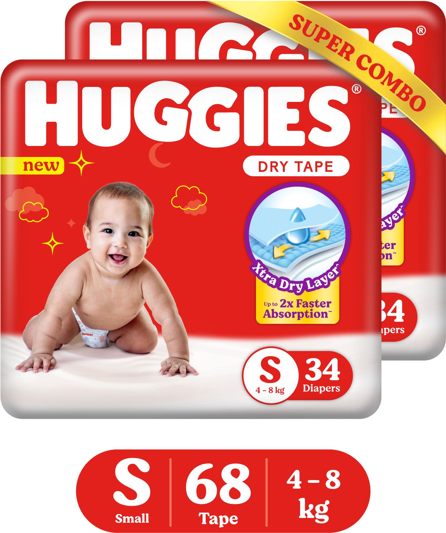 huggies Dry Tape|Adjustable Tape Style Diapers, Small (S) Size (4-8 Kgs),(34 X 2)~68 Pcs - S-picture-10
