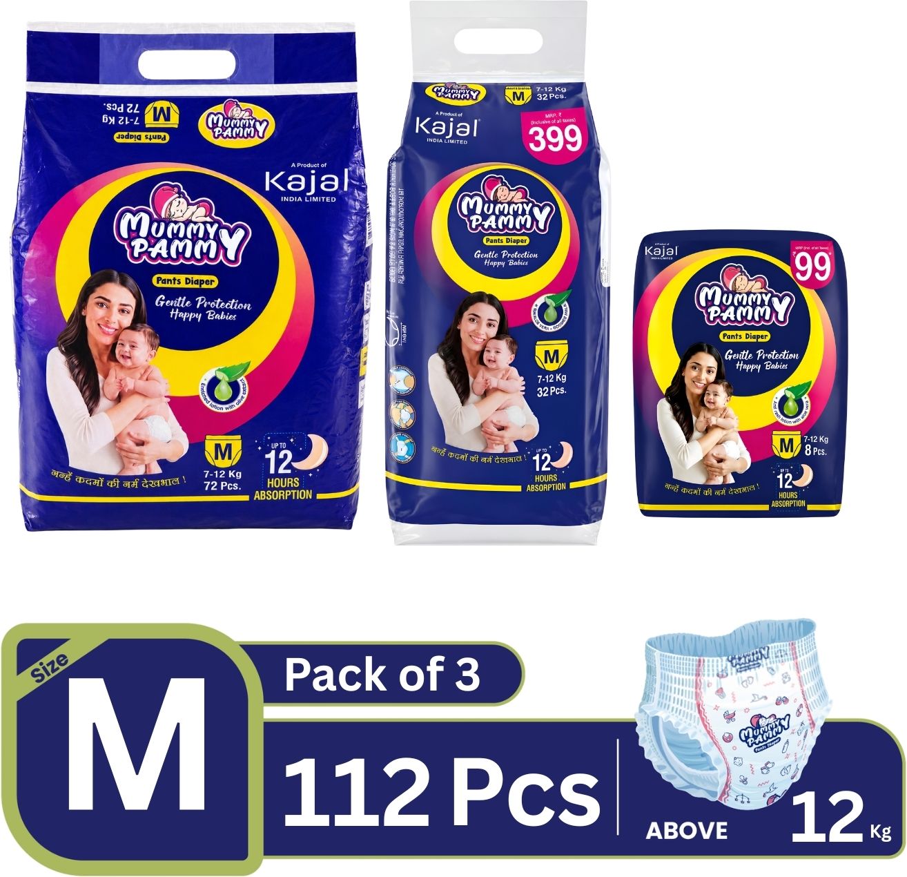 Baby Diapers M Size Pack of 3 112 Count Cotton Soft Leakproof Pants Pant Diapers - M-image-0