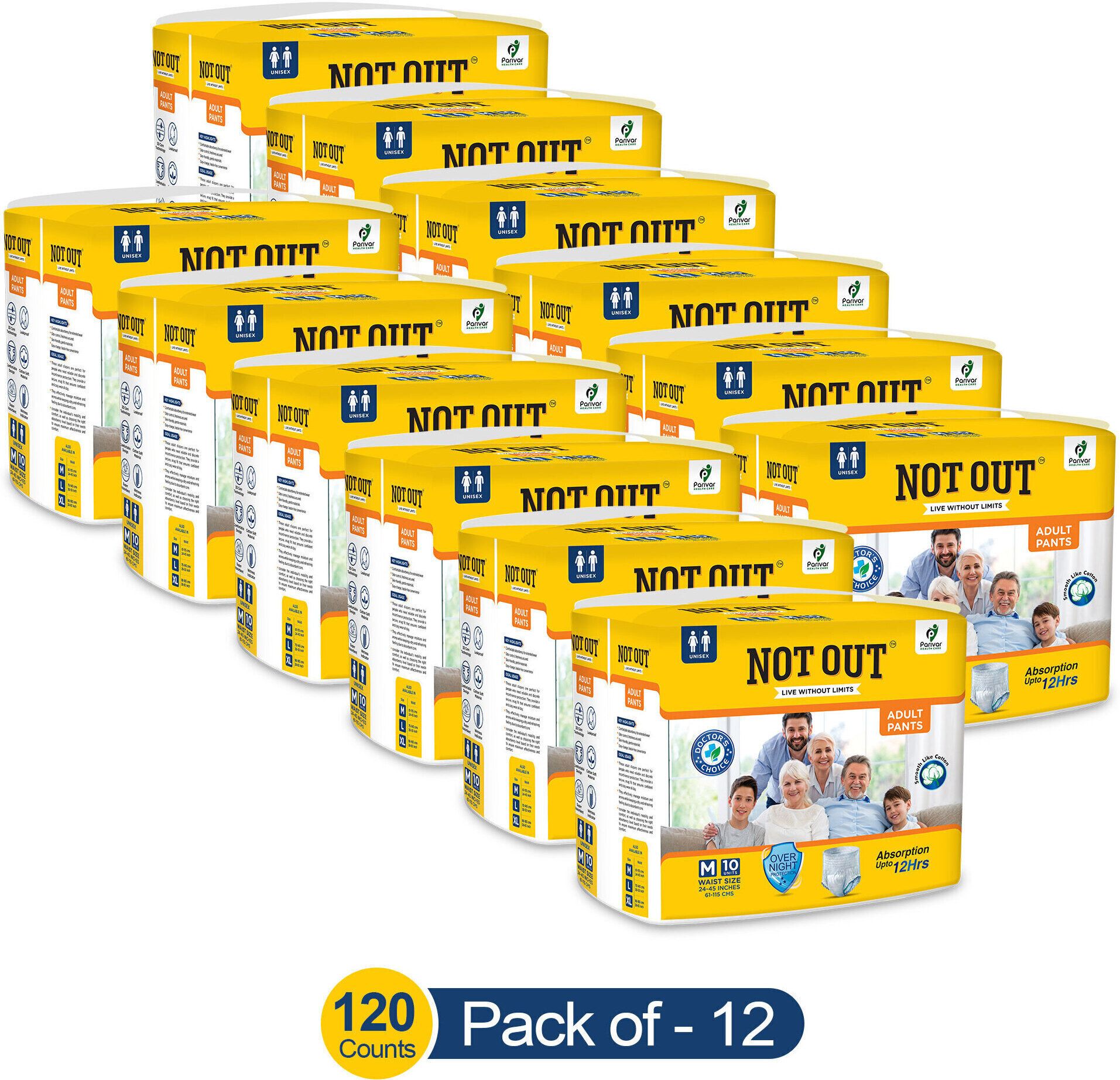 Adult Diaper Pants, Medium, Waist 61-115cm, Unisex, pack of 12 (120 count) Adult Diapers - M