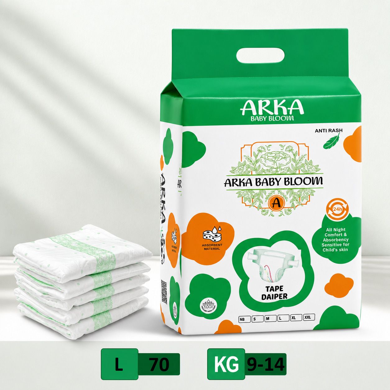 arkababybloom Active Baby Taped Diapers with Adjustable Fit - L (70 Pieces) - L-picture-32