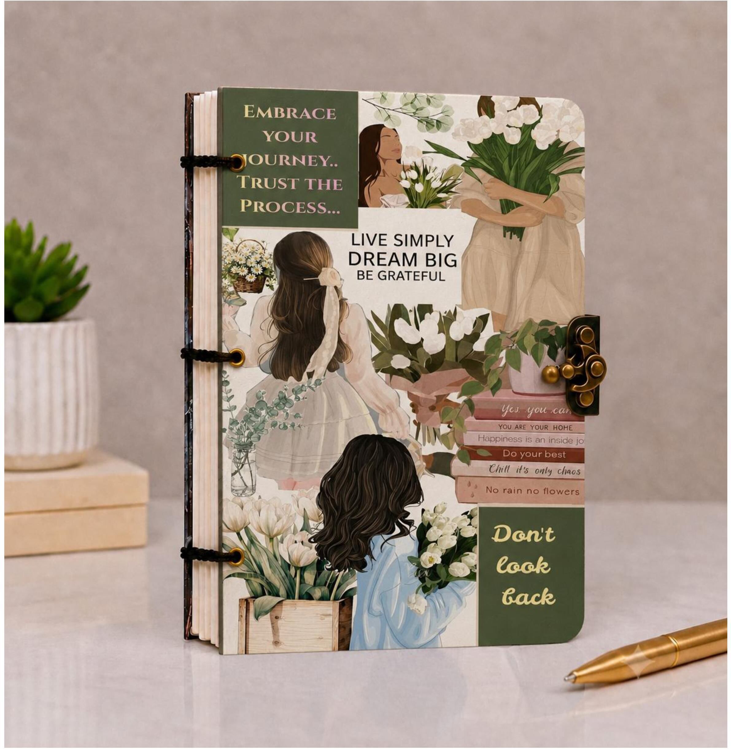 CREATIVE HANDMADE DIARY WITH METAL LOCK A5 Notebook UNRULED 200 Pages-image-47