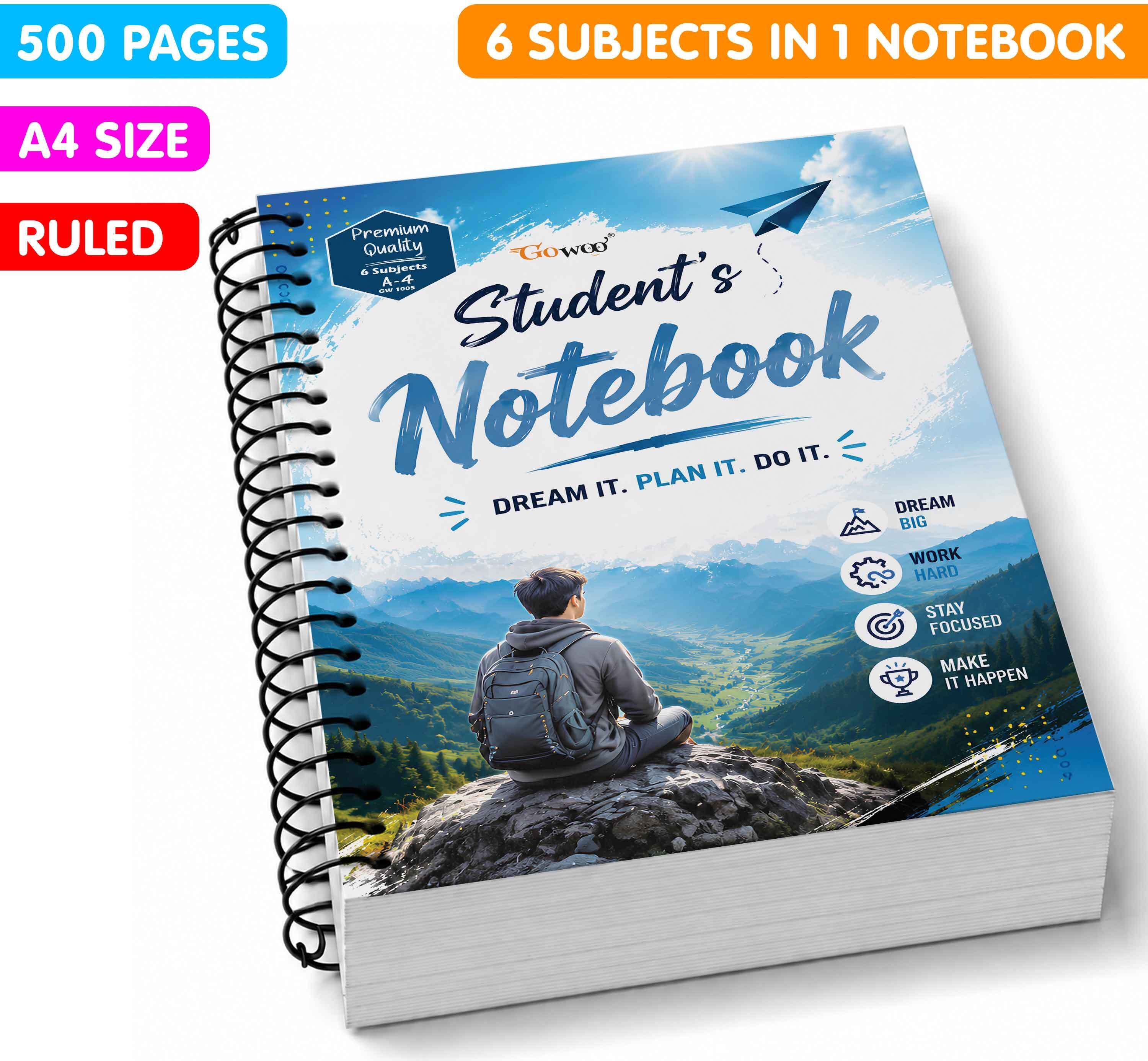 go woo A4 Size Dream Big Spiral Notebook | Spiral Notebook for Students A4 Notebook Ruled 500 Pages-picture-29