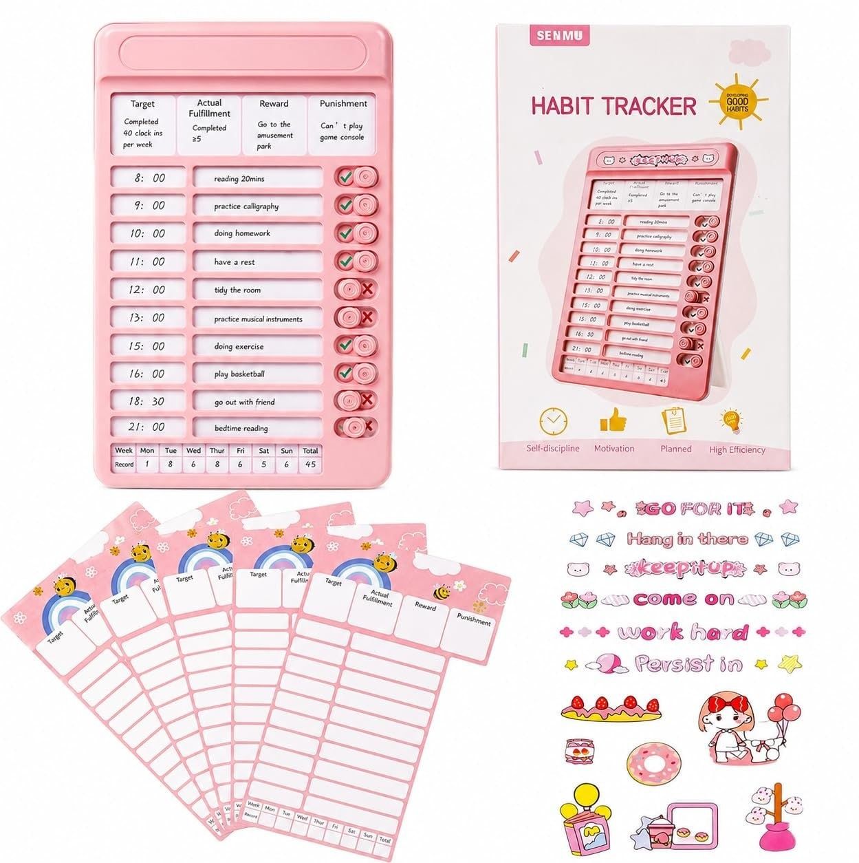 Habit Tracker Kids Chore Chart, Plastic Checklist Board with 15 Detachable Sheet Regular Planner Unruled 15 Pages-image-48