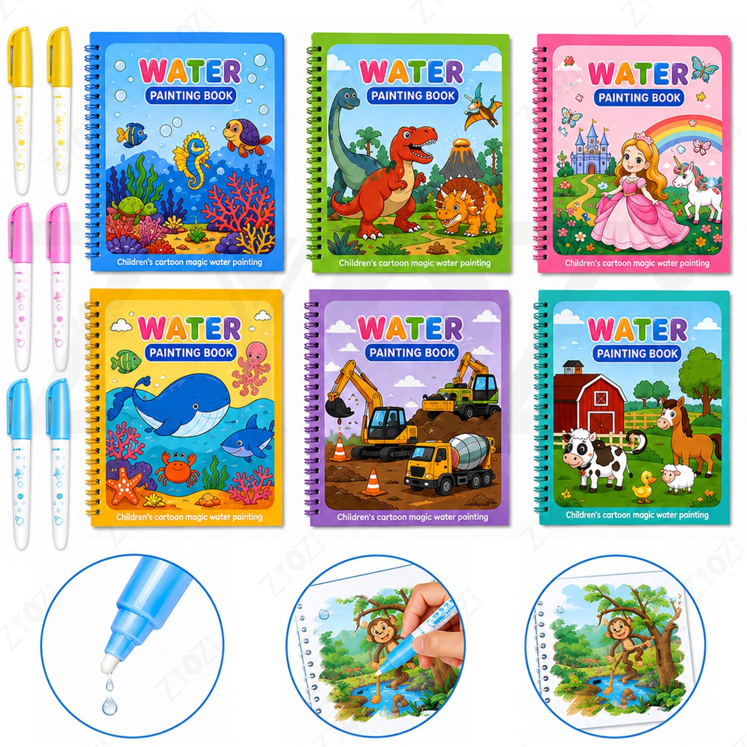 zyozi Magic Water Coloring Books for Kids – Reusable Water Painting Book Set A6 Notebook Unruled 8 Pages-picture-11