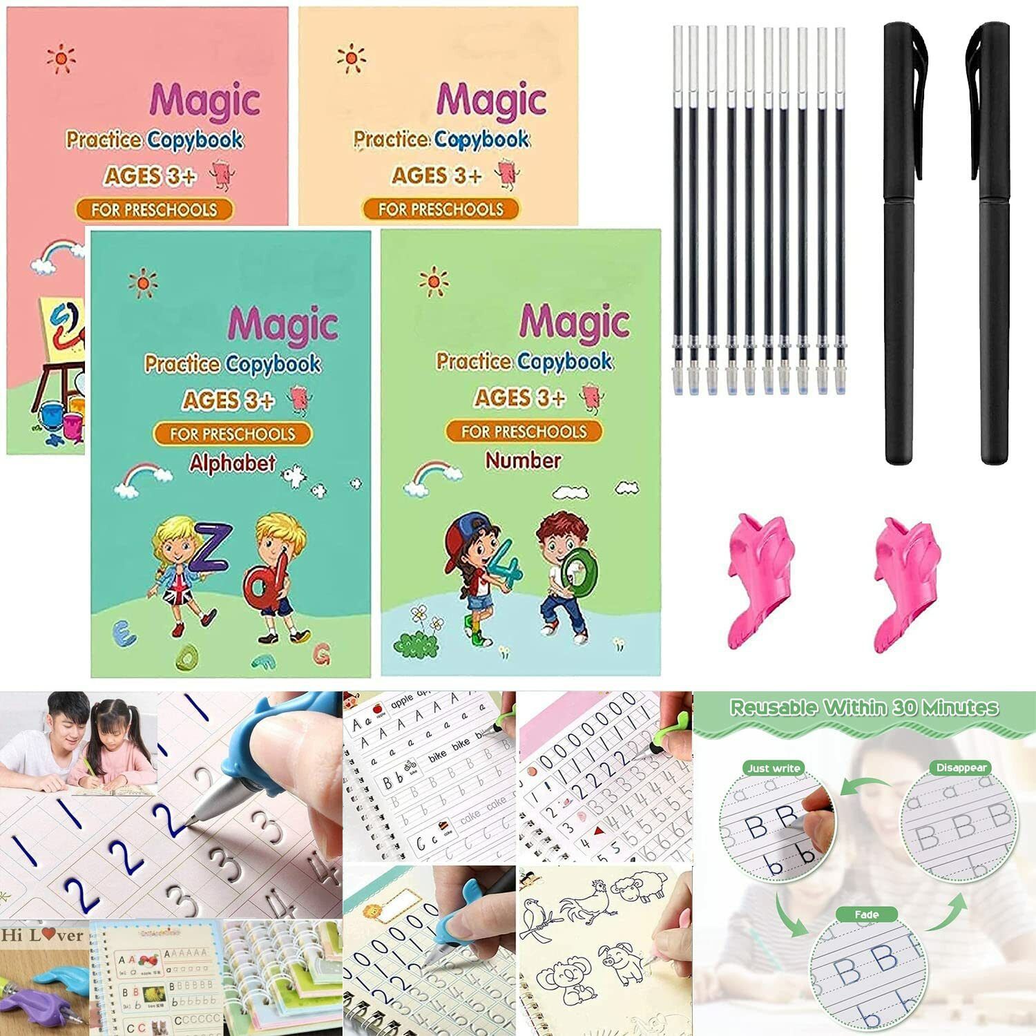Sank Magic Book 10 Refills 2 Pen and 2 Grip Set of 4 Practice Workbook for kids