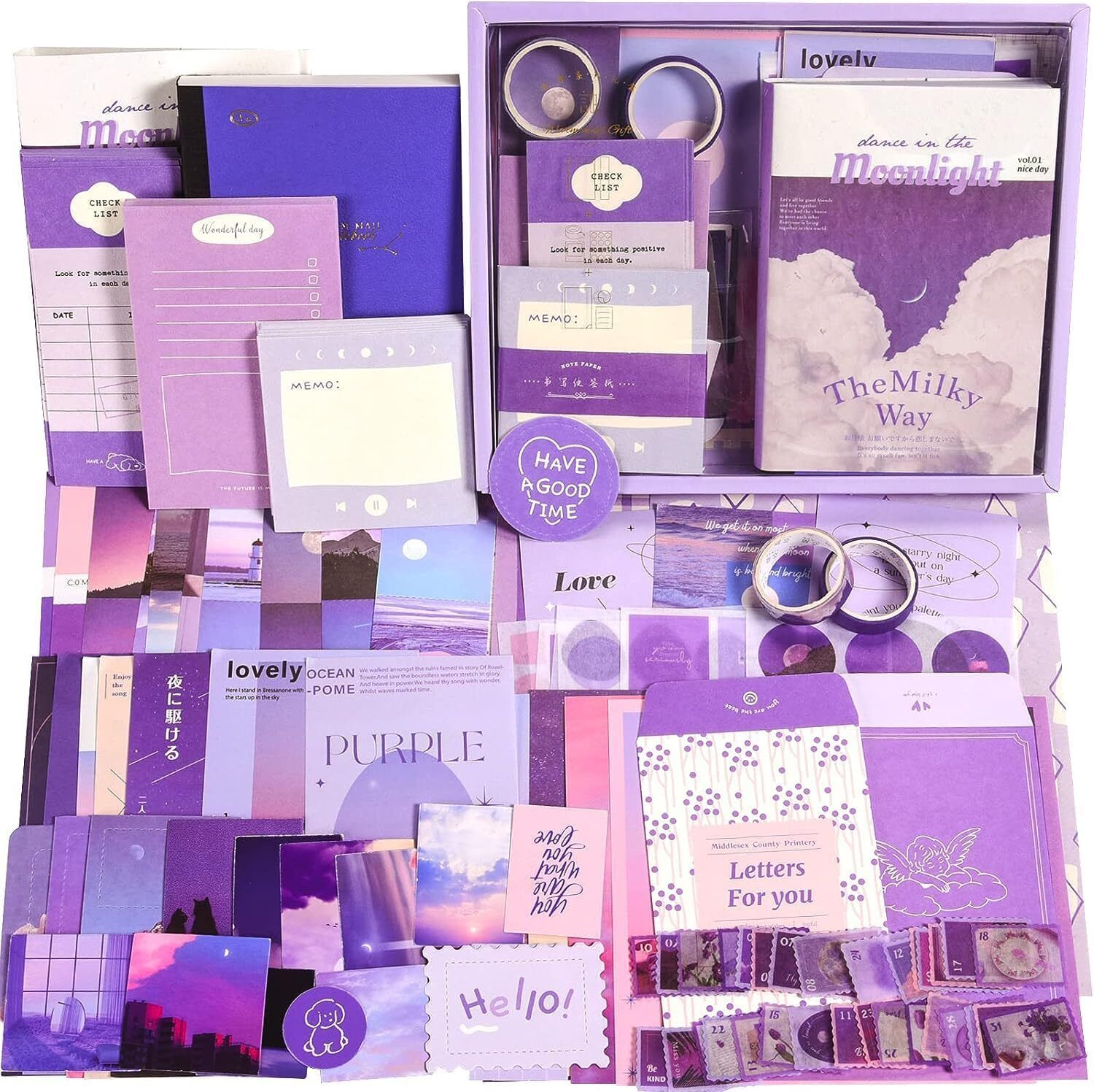 tatsam 346pcs Aesthetic Journal Supplies Kit, Perfect for Gifting, Purple Moonlight Theme, Scrapbook Kit-picture-0