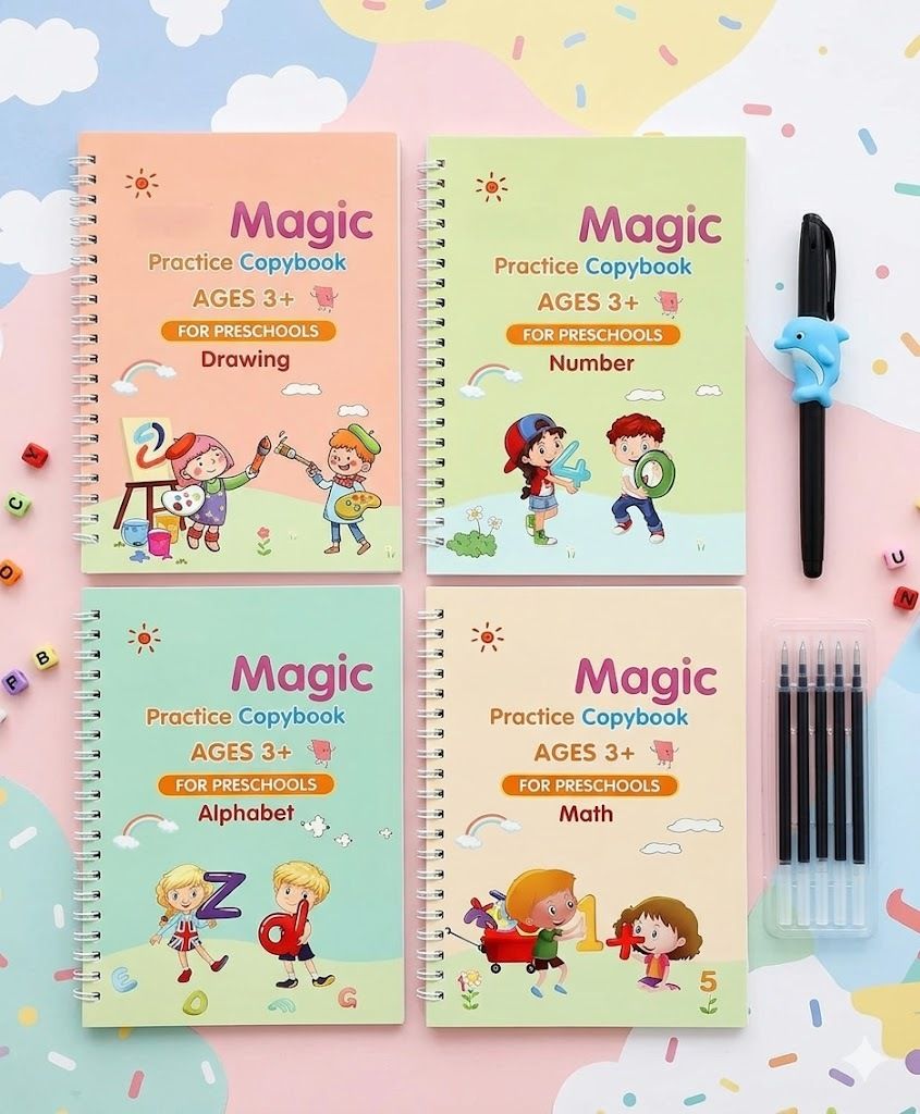 Magic Sank Practice Copy Book Set – 4 Books, 10 Refills, Pen & Grip Assorted Notebook Reusable Number Tracing & Calligraphy Copybook for Preschoolers 60 Pages-image-32