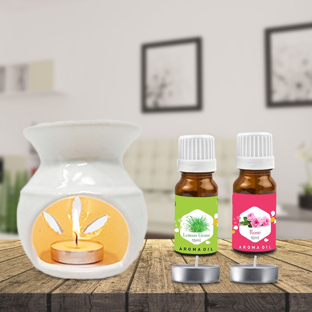 PEEPRESION White Ceramic Aroma Oil Burner With Rose & Lemongrass Aroma Oil(10ml Each) Home, Office, Spa, Hotel, Club, Gym, Conference Hall, Meeting Room Diffuser-picture-48