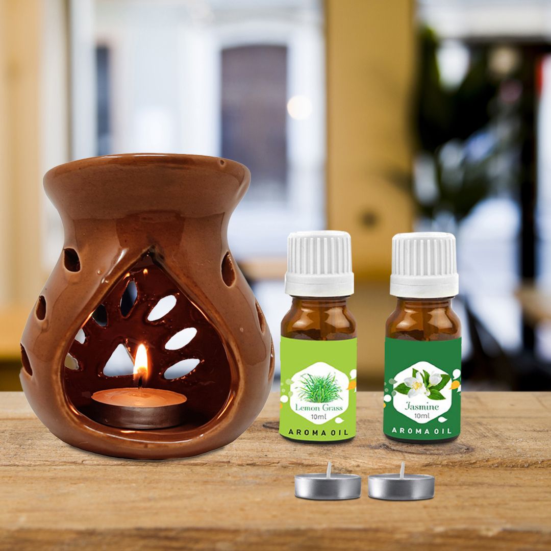 PEEPRESION Ceramic Brown Burner 2 T-light Candle And Lemongrass Jasmine Aroma Oil Home, Office, Spa, Hotel, Temple, Club, Gym Diffuser-image-13