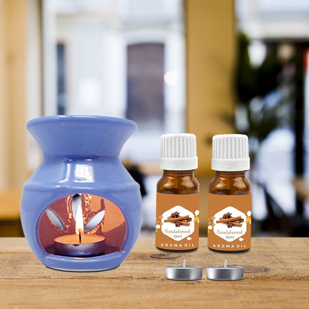 PEEPRESION Ceramic Aroma Blue Burner with 10ml Sandalwood Scented Aroma Oil & 2 Pcs Candles Home, Office, Spa, Hotel, Temple, Club, Pub Bar, Gym, Bed Room Diffuser-picture-35