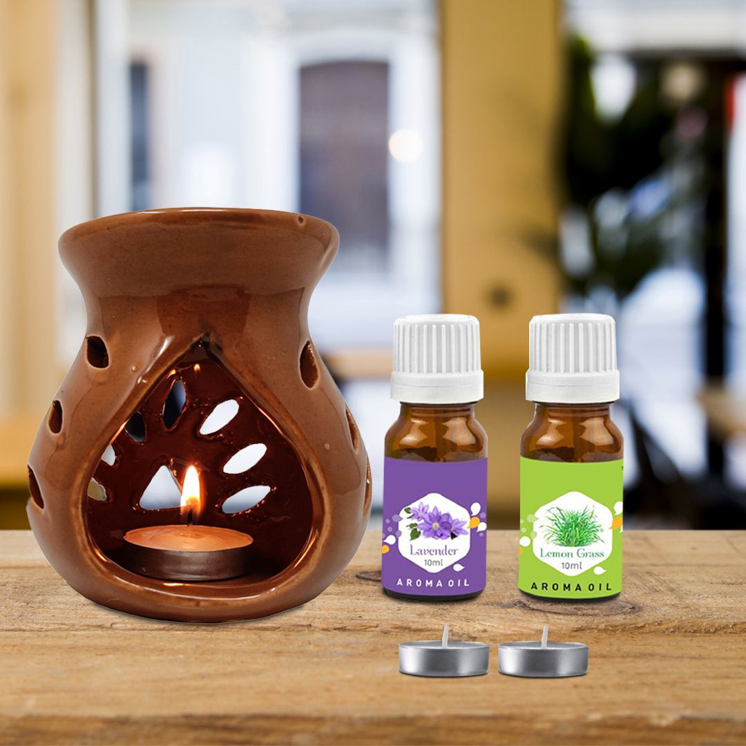 PEEPRESION Ceramic Brown Burner 2 T-light Candle And Lemongrass Lavender Scented Aroma Oil Home, Office, Spa, Hotel, Temple, Club, Gym Diffuser-image-24